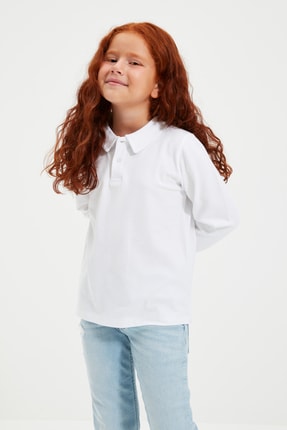 Picture of Beyaz Basic Kız Çocuk Örme Polo Yaka T-shirt TKDAW22PO0010