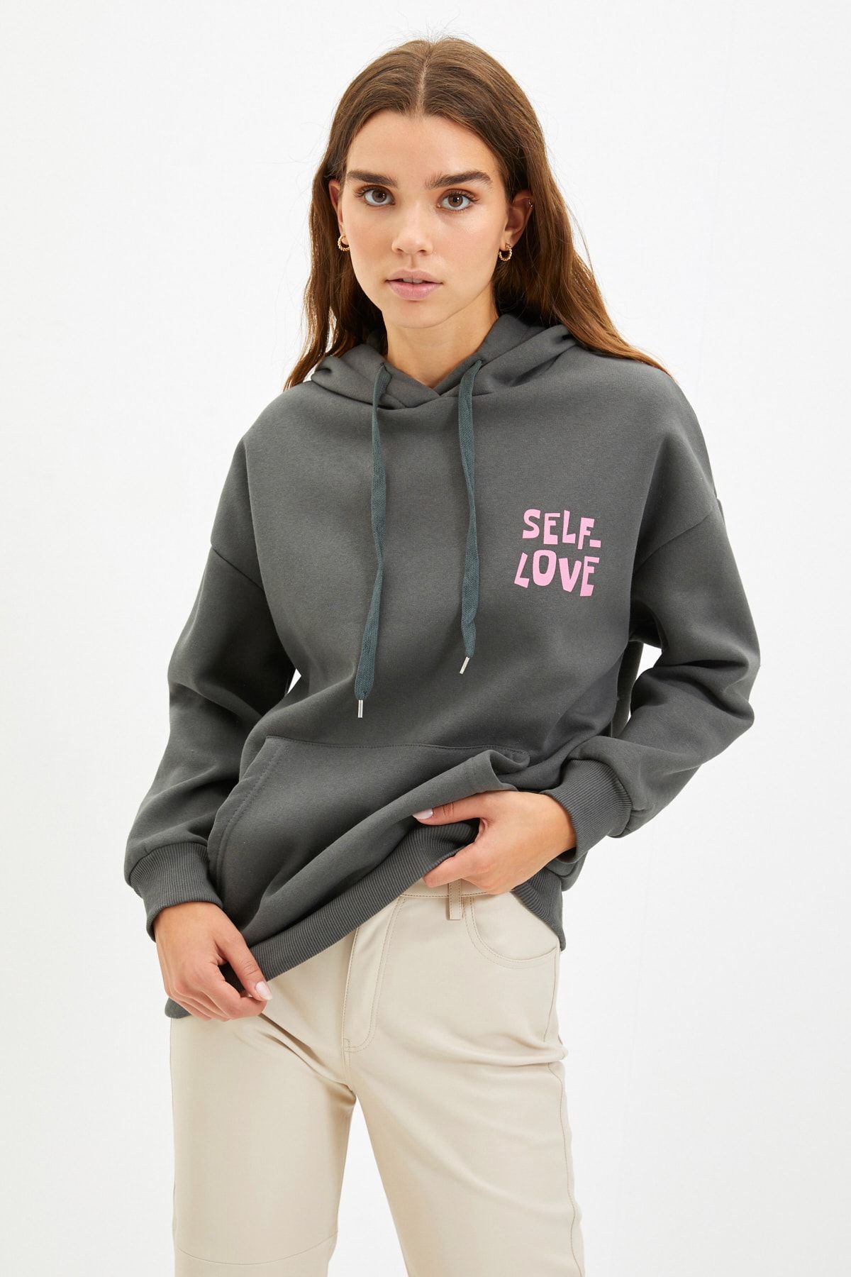 Trendyol Collection-Anthracite Back Print Detailed Oversize/Wide Fit Thick Fleece Inside Knitted Sweatshirt TWOAW22SW0687 5