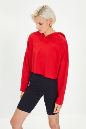 Kırmızı Crop Kapüşonlu İnce Örme Sweatshirt TWOAW20SW0144