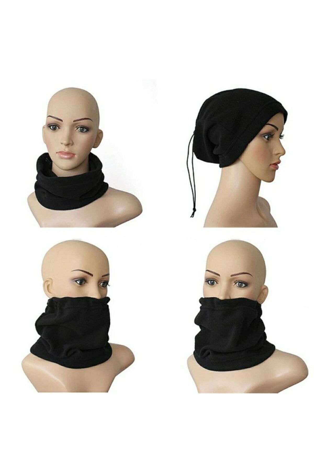 PAKER GİYİM-Black Unisex Drawstring Fleece Neck Collar that Can Be Used as a Hat and Beanie 3