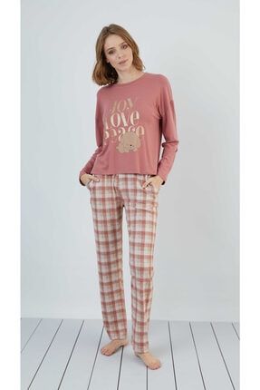 13287 Kadın Uzun Kol Baskılı Kiremit Pijama Takımı 305159