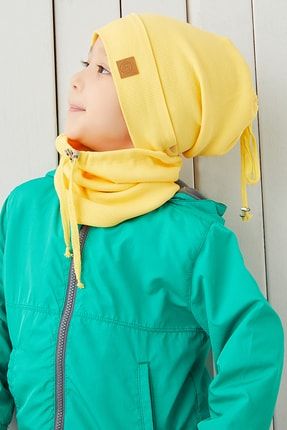 Erkek Bebek Çocuk Sarı Ip Detaylı Şapka Bere Boyunluk Takım Rahat %100 Pamuklu Kaşkorse BG85504ST