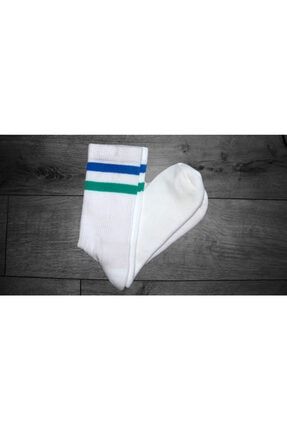 Mavi Yeşil Şeritli Unisex Standart Beden Beyaz Çorap msft191