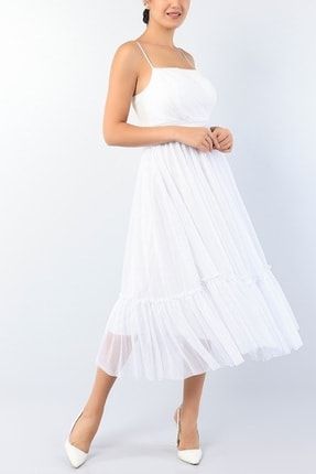 Beyaz Sim Tasarımlı Astarlı Midi Abiye Gece Mezuniyet Nişan Elbise 75566 TKN-MD1-75565