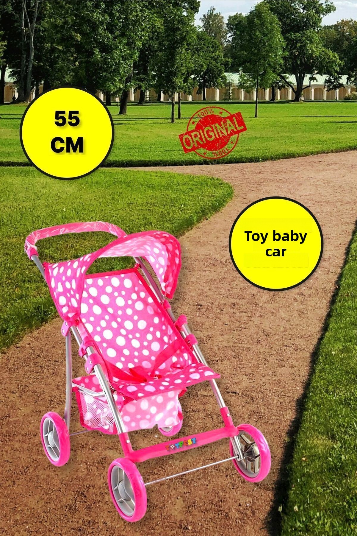 عروسک اسباب‌بازی بچگانه اسکلت فلزی تاشوی ۵۵ سانتی‌متری با طرح خال‌خالی - ۴ چرخ