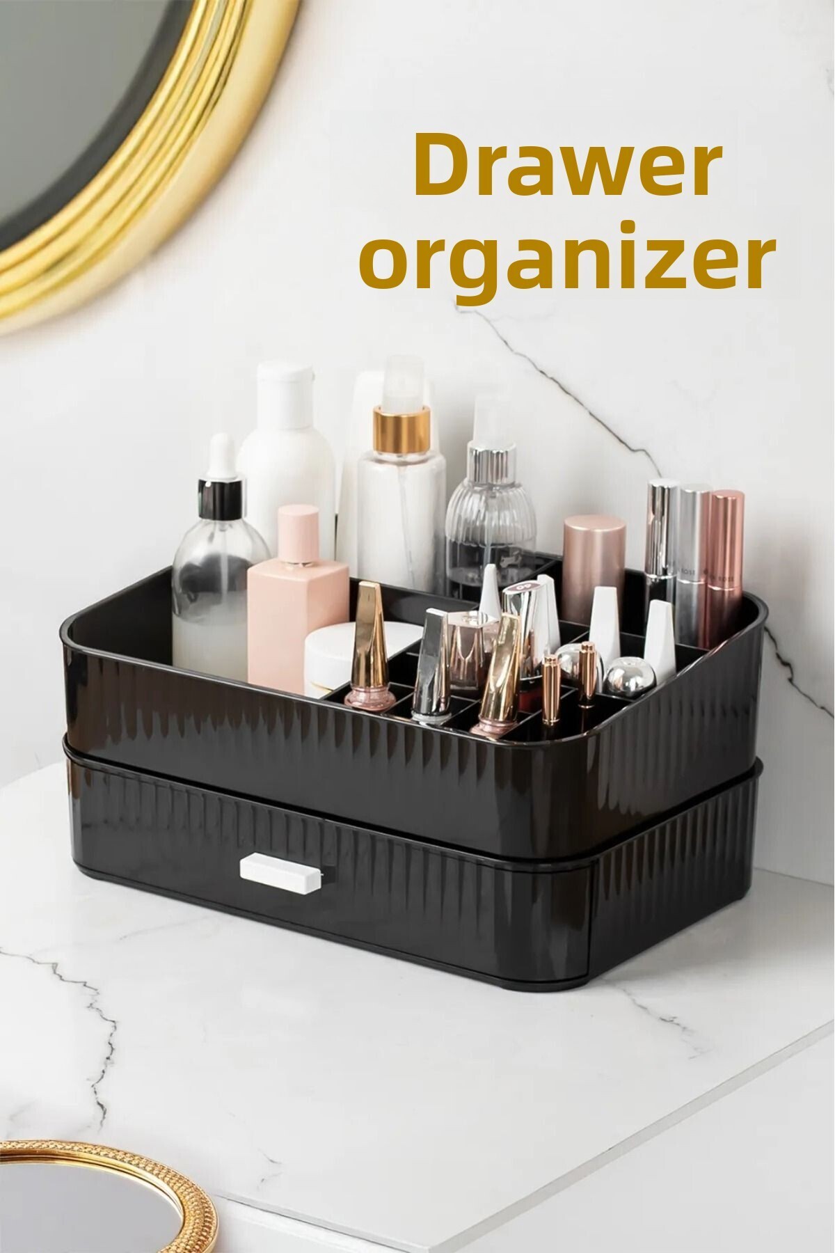 Bayev-Black Makeup Organizer - with Pom Drawers, Cosmetic Lipstick Stand, Perfume Rack 2