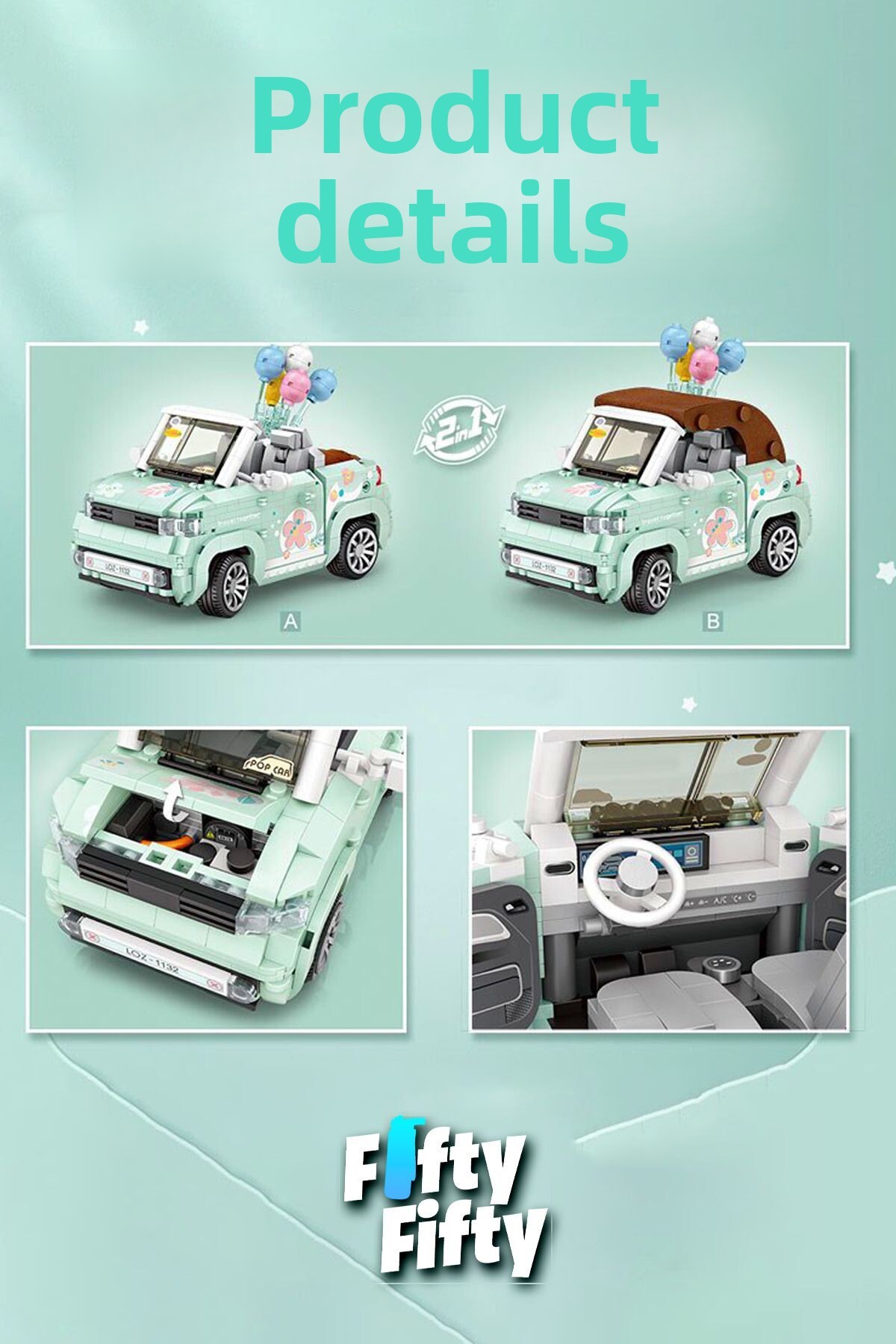 مجموعه مدل ۷۷۹ قطعه‌ای اسباب‌بازی ماشین کروکی فیروزه‌ای به شکل اسباب‌بازی، مدل FFLZ-1132