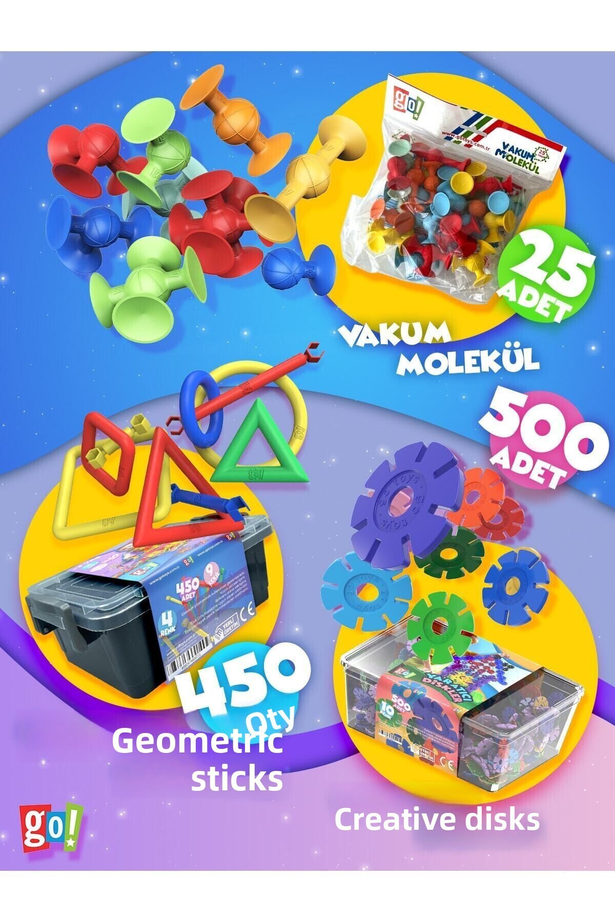 مجموعه اسباب‌بازی آموزشی ۳ تکه شامل مولکول وکیوم، دیسک خلاق و میله هندسی – ۹۷۵ قطعه