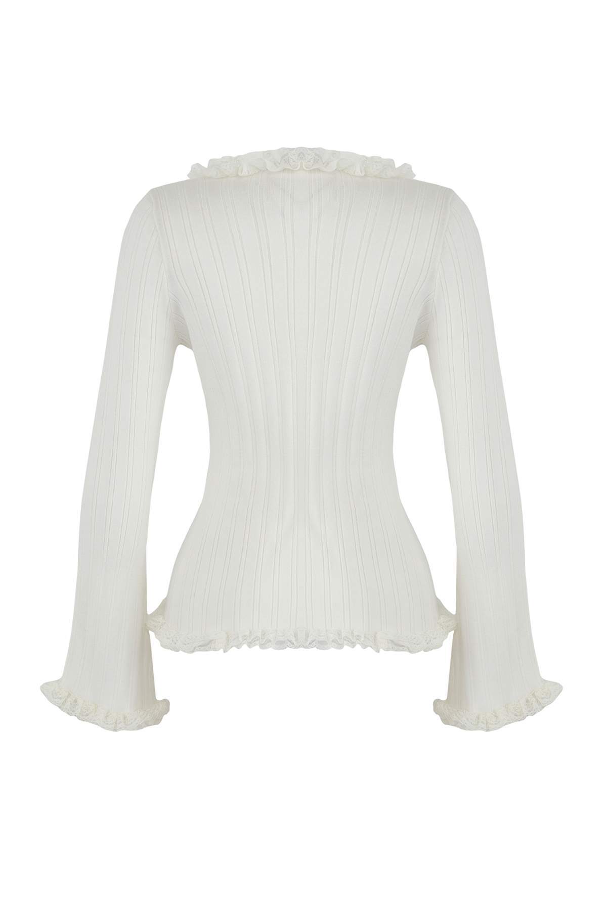 Trendyolmilla  Teen Ekru V Yaka Dantel Garnili Premium/Özel İplikli Fitted/Vücuda Oturan Triko Hırka TWOAW26HI00098 - Görsel 7