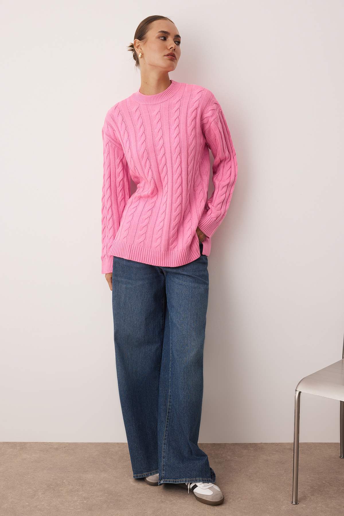 Trendyolmilla Modest Pembe Saç Örgü Saç Örgü Triko Kazak TCTAW26AK00005