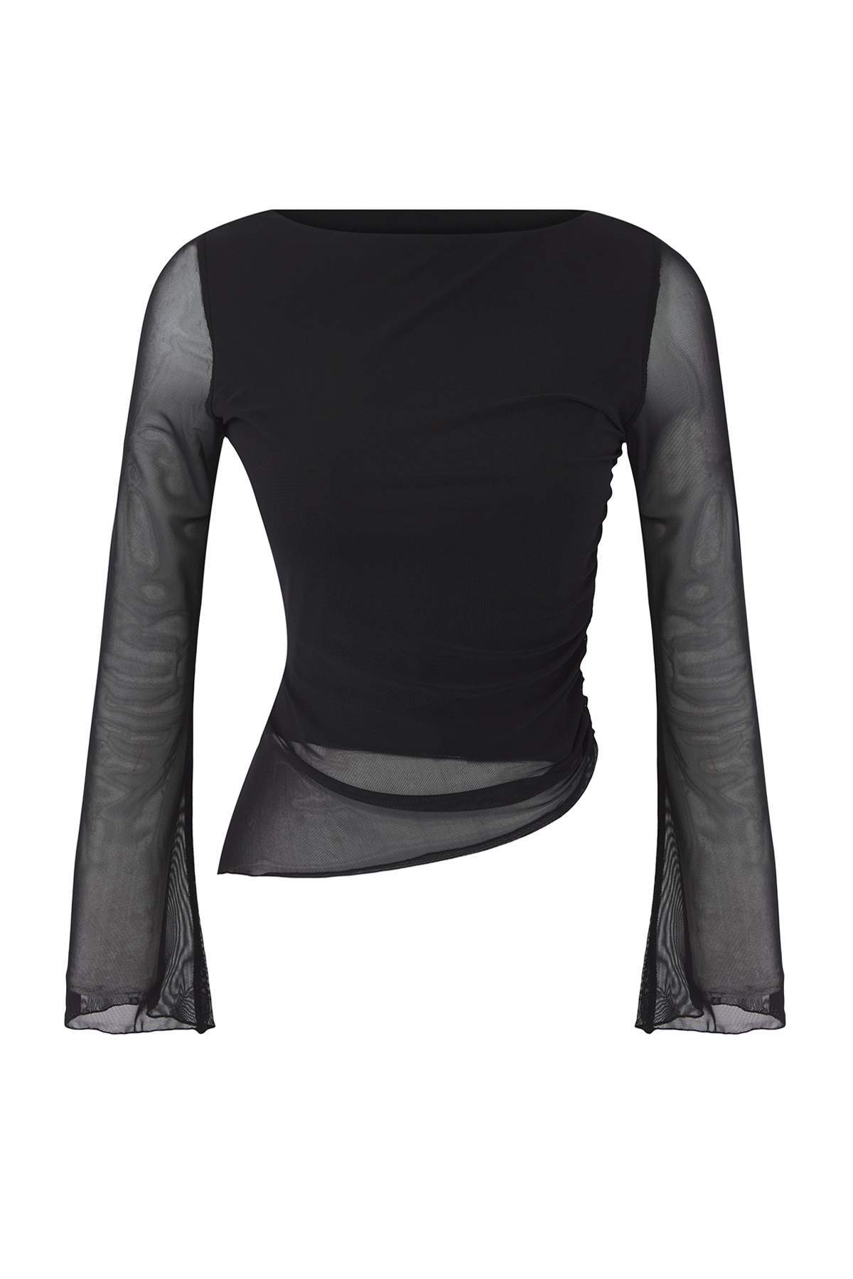 Trendyolmilla  Teen Düz Kayık Yaka Asimetrik Detaylı Vücuda Oturan Esnek Örme Tül Bluz TWOAW26BZ00128 - Görsel 5