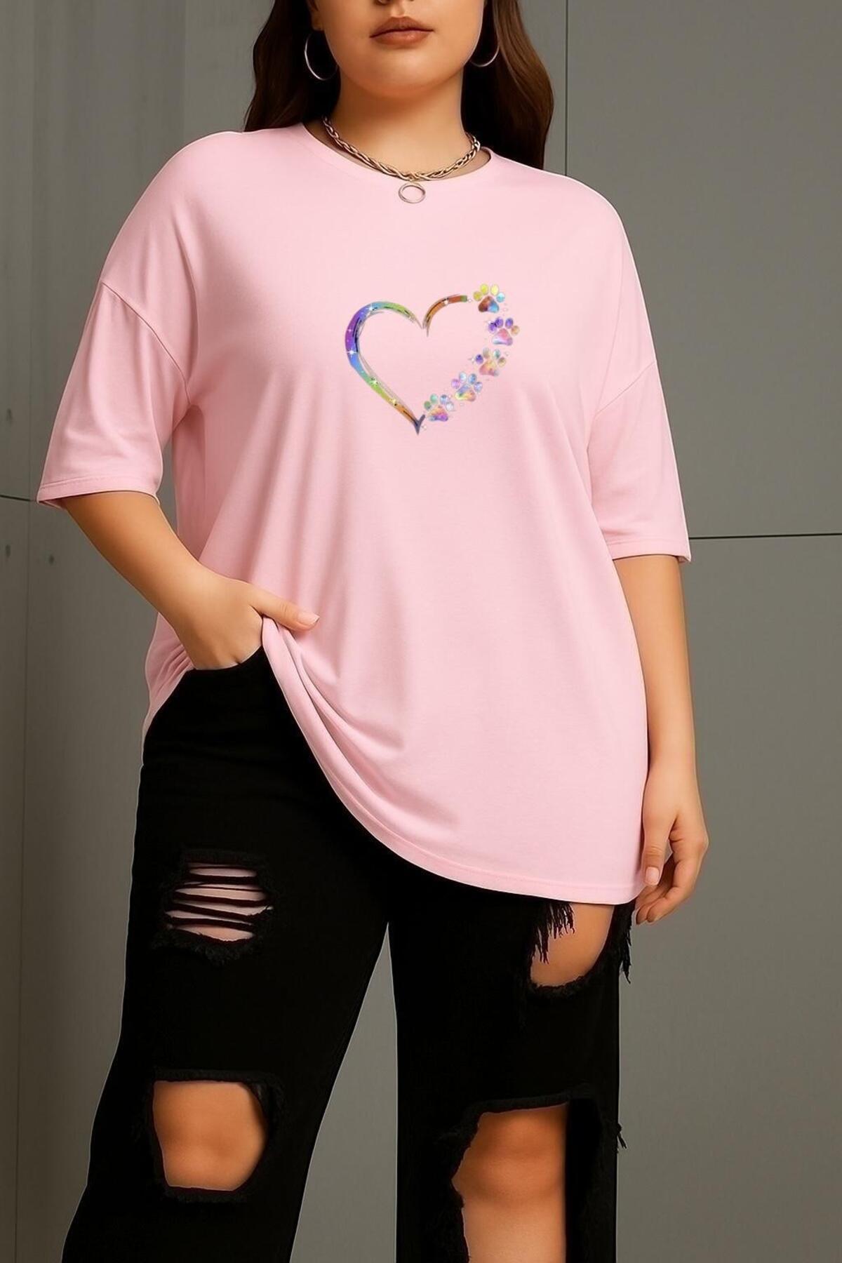BENROMA Büyük Beden Renkli Kalp Baskılı Unisex Tişört