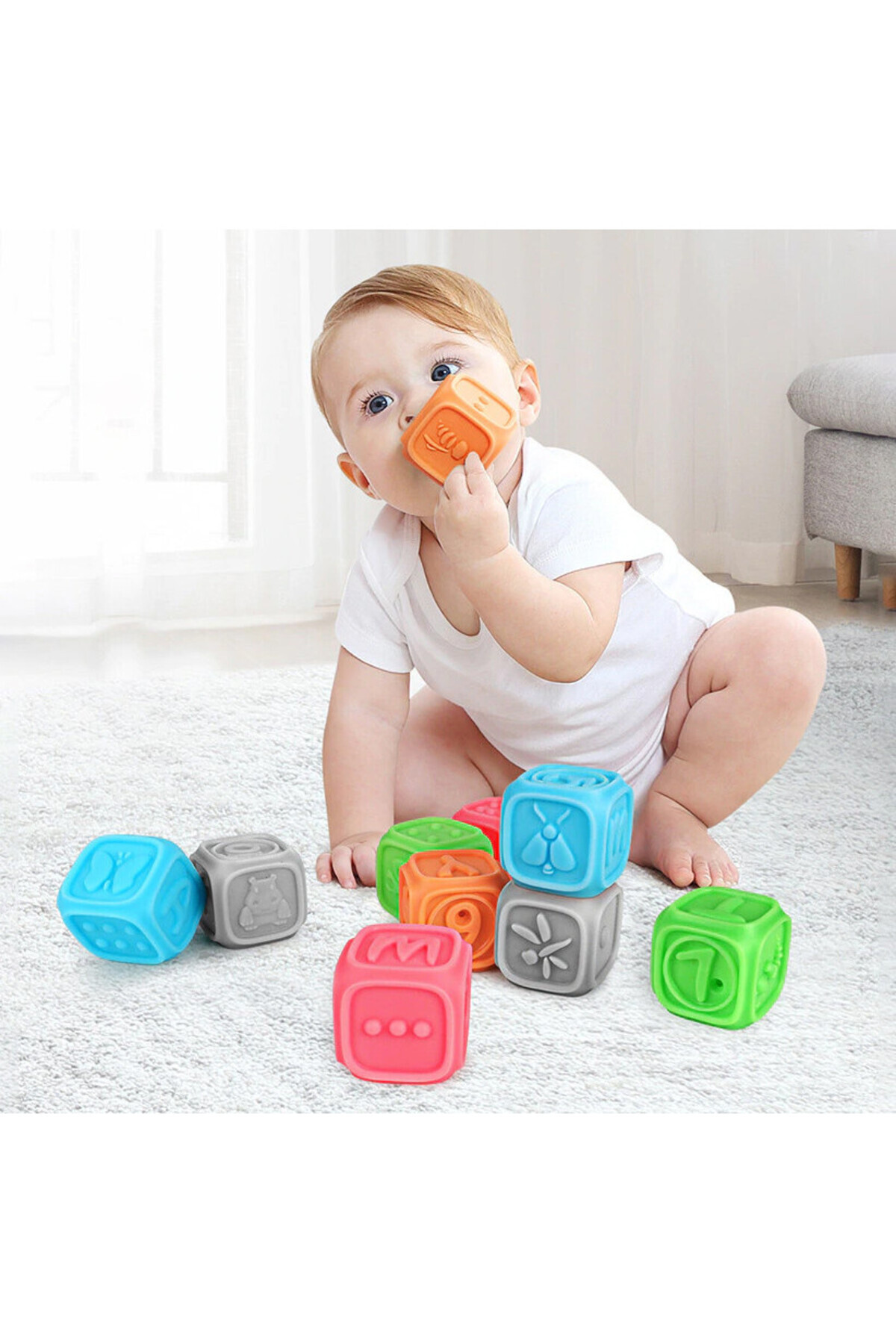 tumama-Set of 10 educational silicone cubes with 3D models for teething, letters, numbers, animals 7