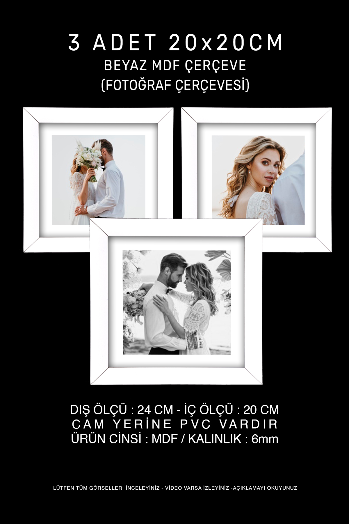 3 Pieces 20x20 Square Frame - White Frame - 6mm MDF Frame - 20x20 Frame