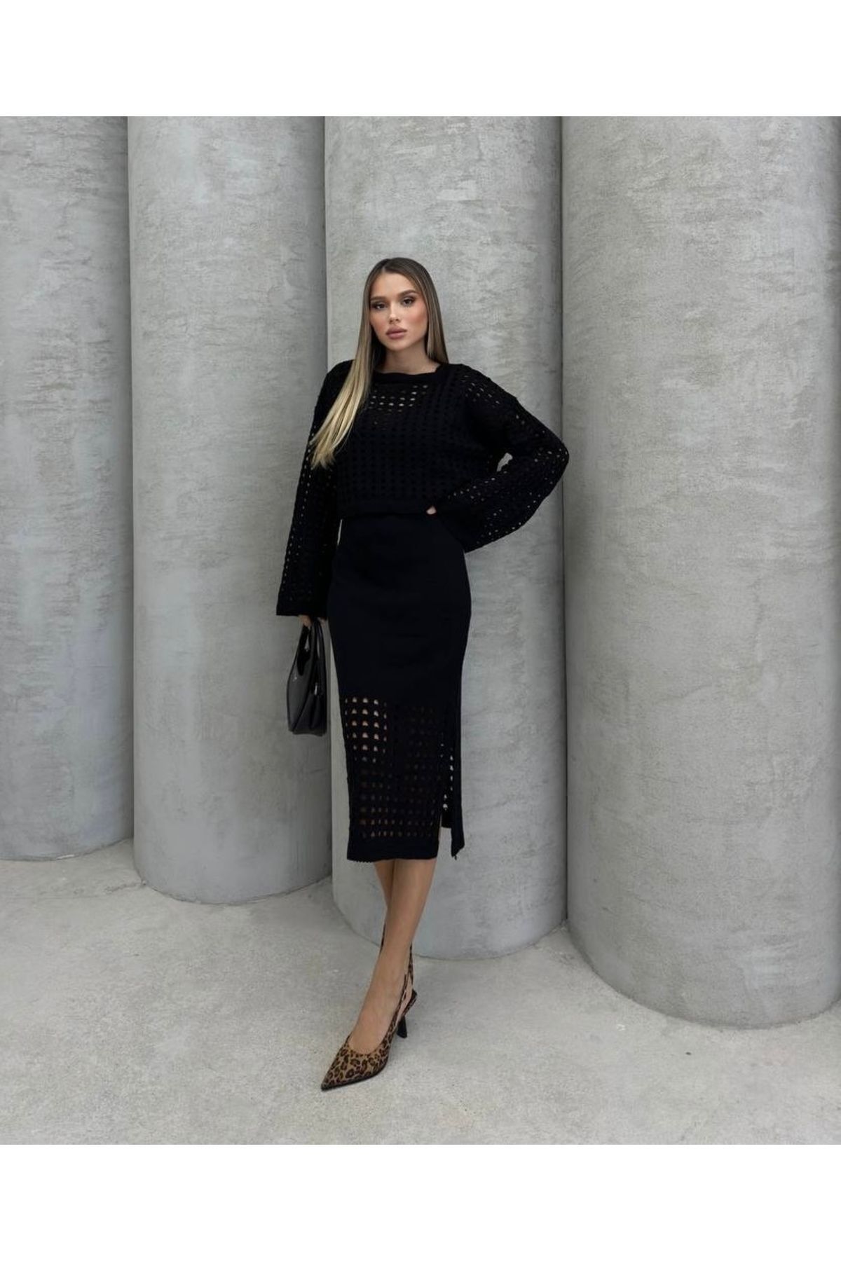 İLKCET MODA-طقم ملابس تريكو مخرمة من الأسفل والأعلى 2