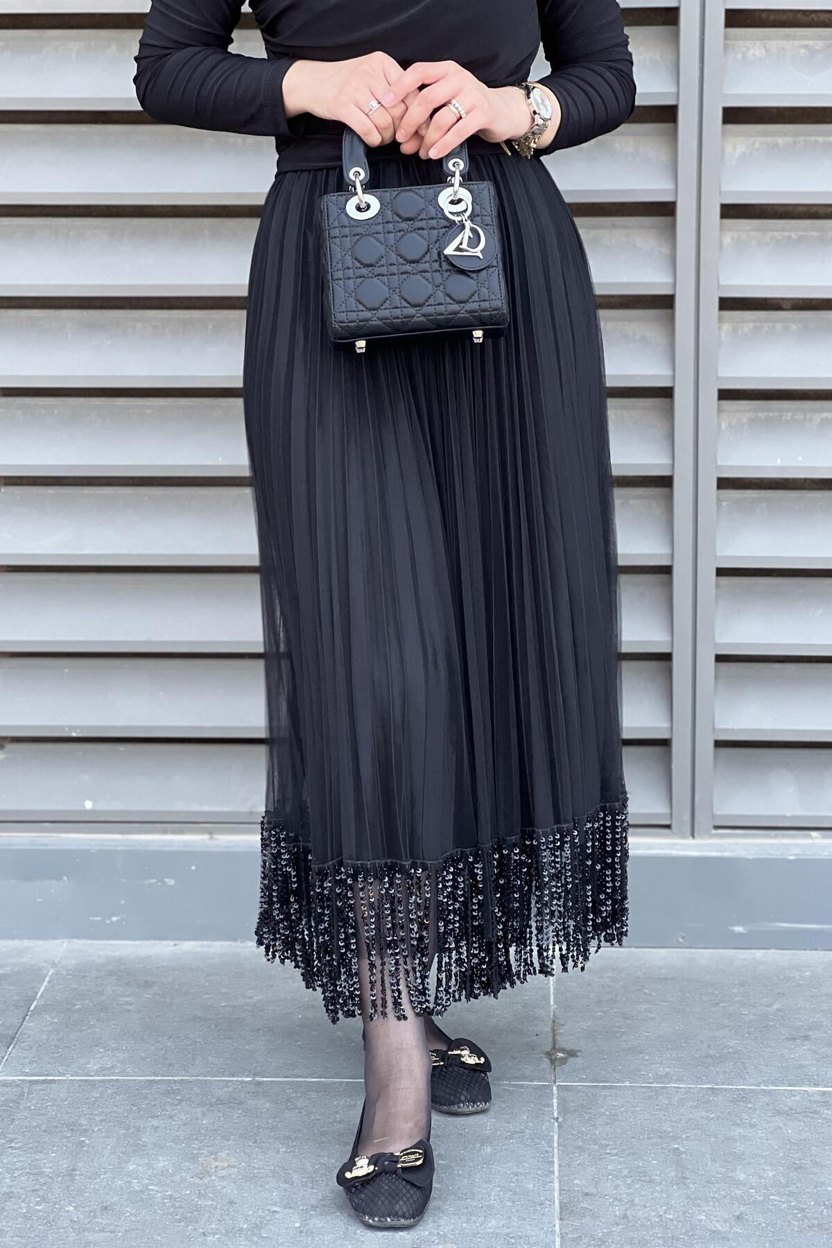 Mahal-Pleated Tulle Skirt with Sequin Chain at the Hem 3