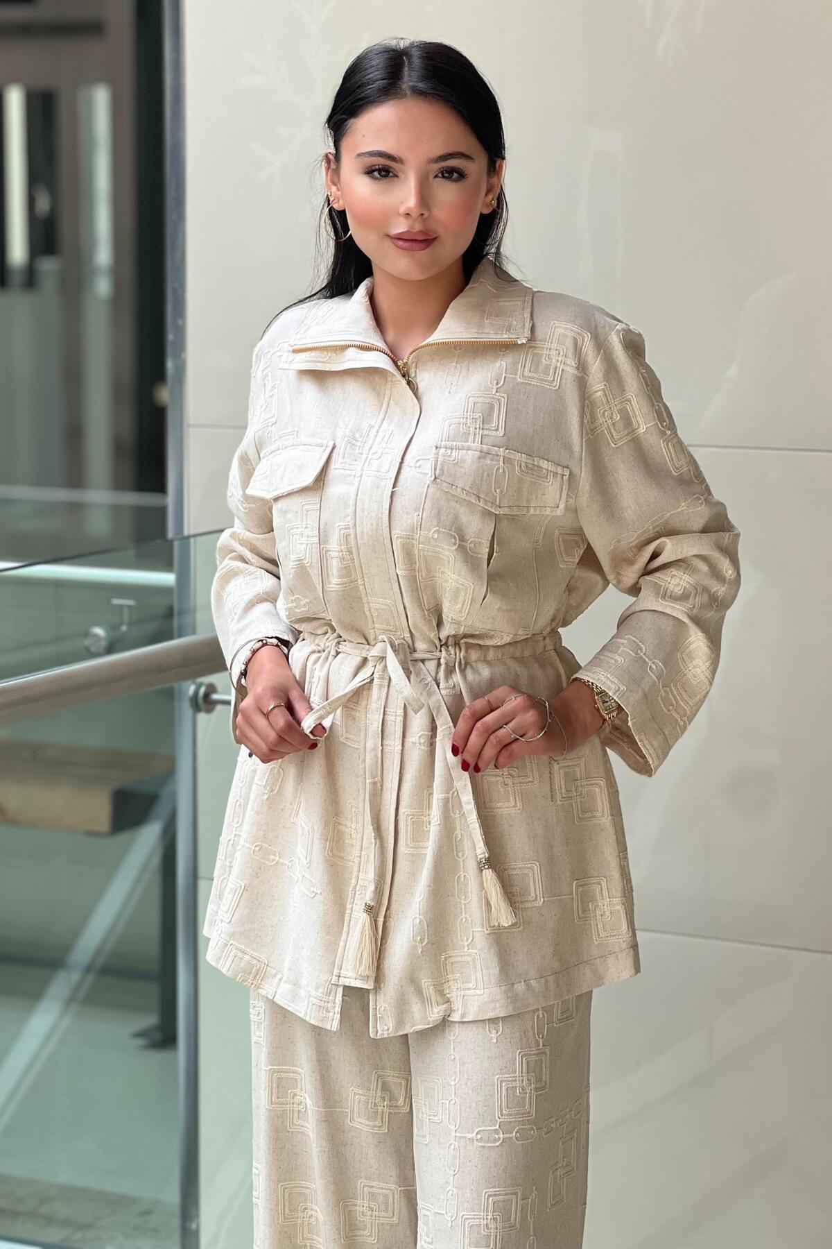 Ghisa-Embroidered Patterned Linen Suit with Drawstring Waist and Pockets 4