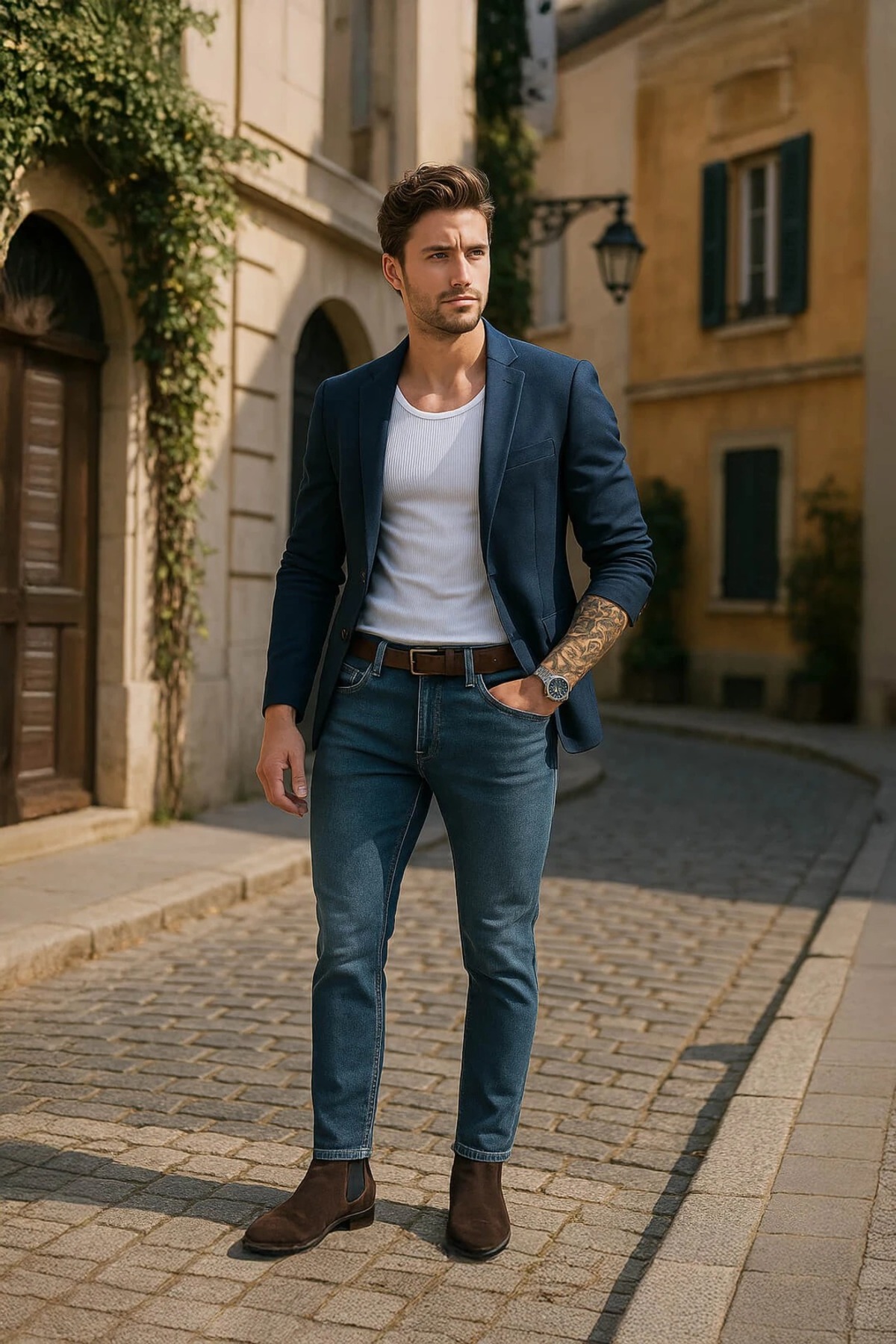 بنطلون جينز إنديغو رجالي بقصة ضيقة (⁦Slim Fit⁩) وخصر عادي وقصة مستقيمة وفتحة ساق ضيقة مع ليكرا