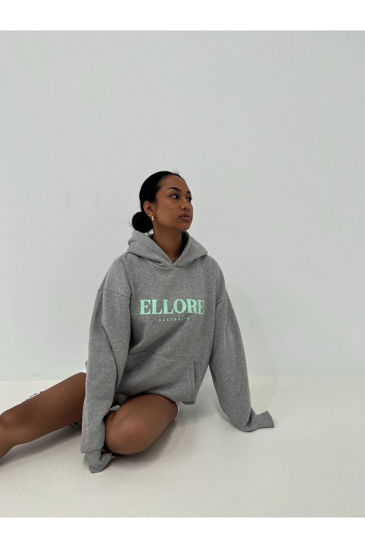 DUBU BUTİK-Φούτερ Ellore Australia - Γκρι εμπριμέ κουκούλα oversize 3