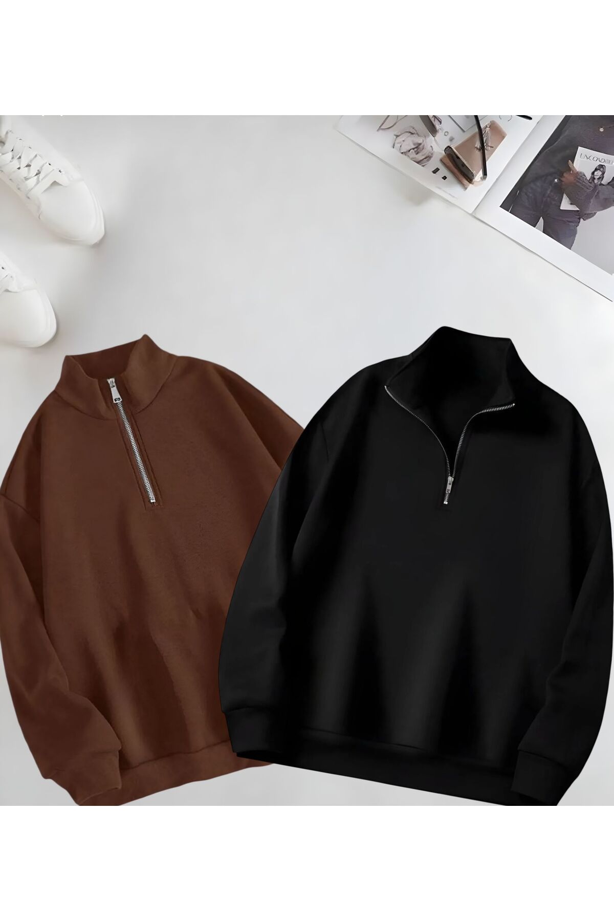 trendgar  2li Dik Yakalı Yarım Fermuarlı Kahve Ve Siyah Oversize Unisex Sweatshirt - Görsel 3