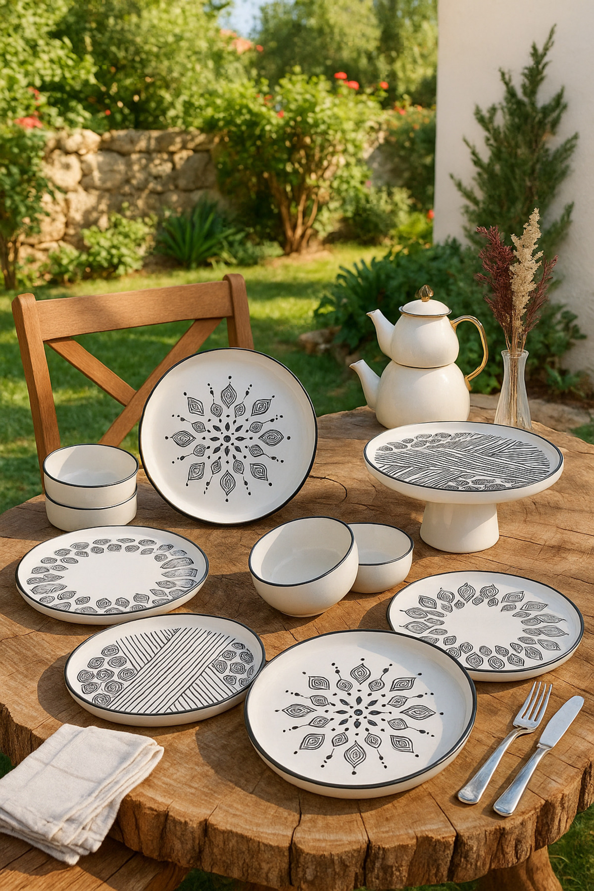 WuuQ-11-Piece Stackable Ethnical Breakfast Set for 6 Persons with Standing Serving Plate - Presentation Set 1