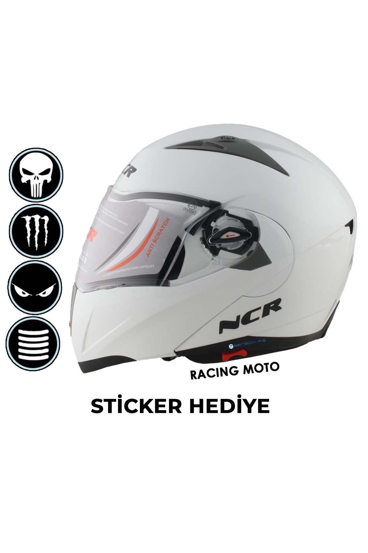 NCR Çene Açılır Kask - Beyaz - (ECE BELGELİ) Sticker Hediyeli