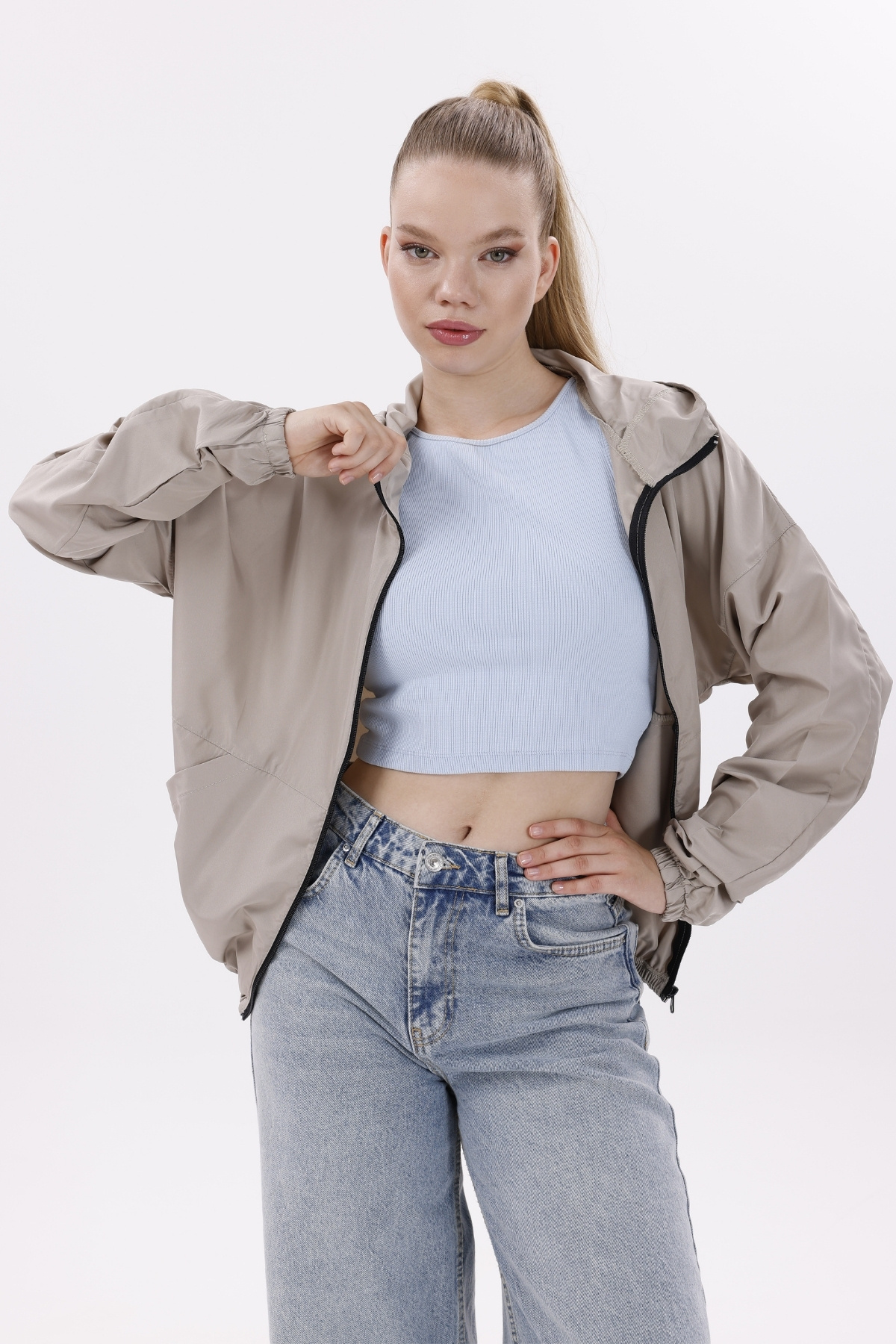 freemen  Kadın Taş Kapüşonlu Su Ve Rüzgar Geçirmez Oversize Yağmurluk - Rüzgarlık - Görsel 4