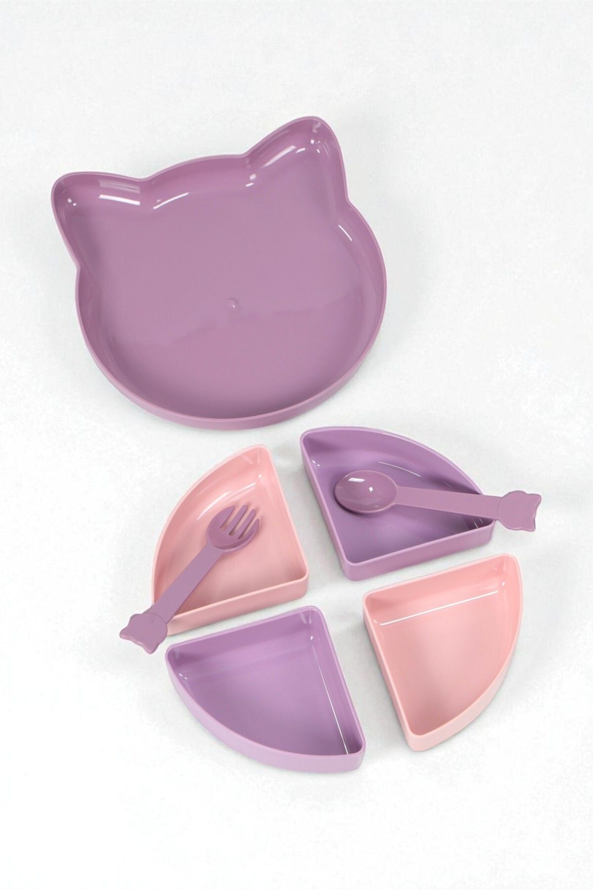 İronika Kitty 7 Parça Kedicik Model Çocuk Bebek Çatal Kaşık Tabak Yemek Beslenme Seti Mama Tabağı - Kahve fotoğrafı 2 (önizleme)