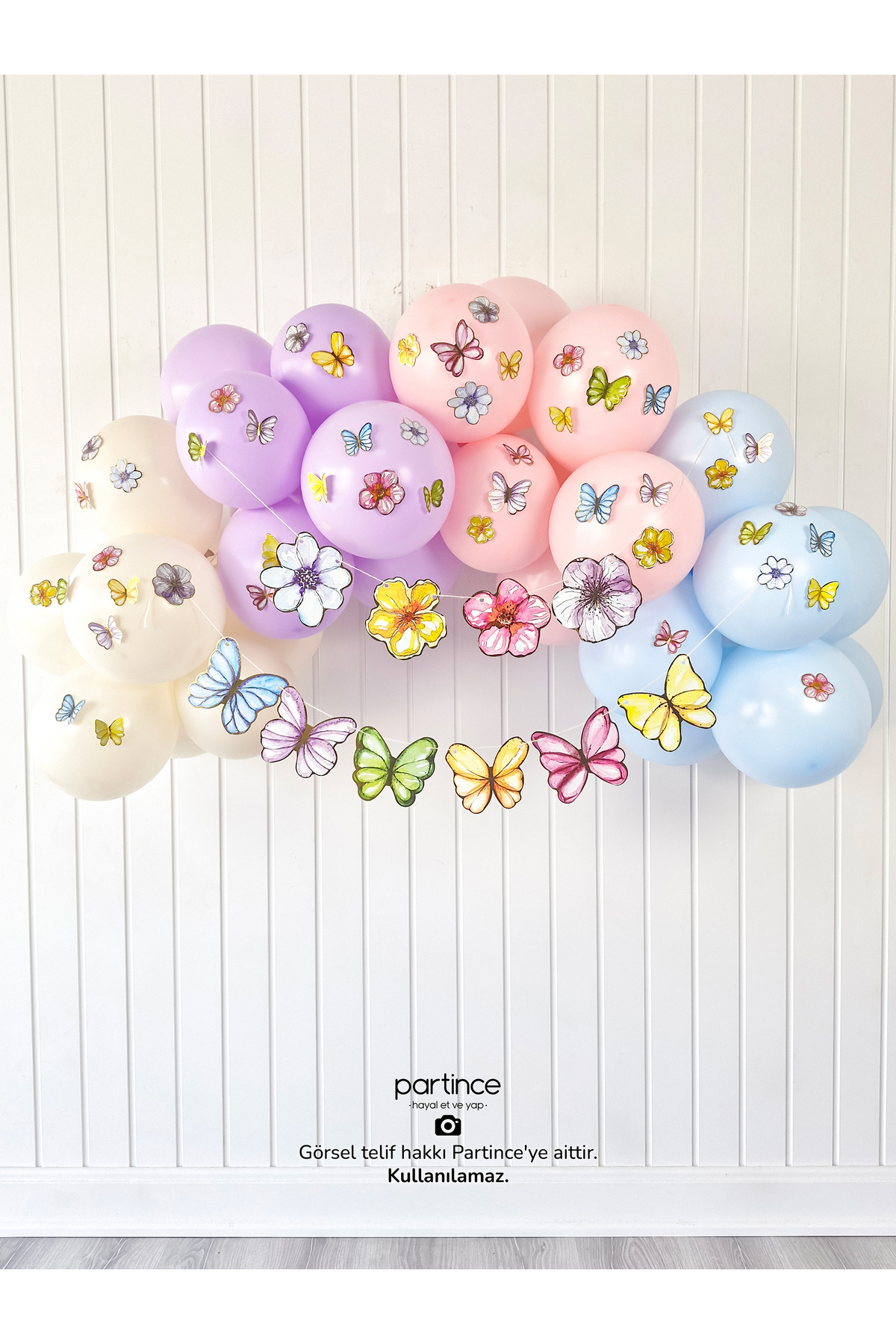 partince Pastel Kelebek Çiçek Tema Mini Doğum Günü Balon Zinciri Eko Kit Kelebek Çiçek Tema Doğum Günü Süsü
