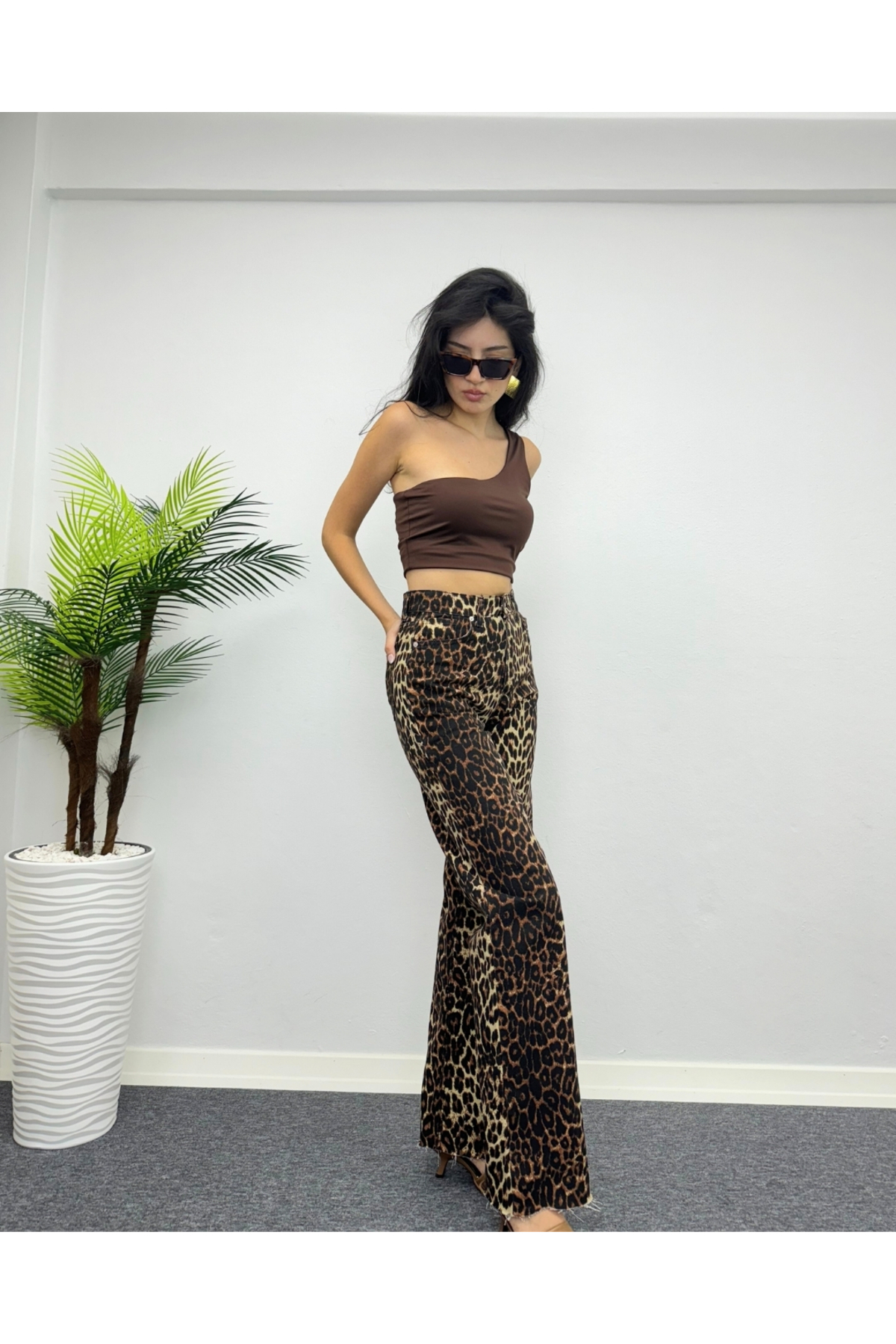 Kadın Leopar Desen Wide Leg Palazzo Jean Pantolon
