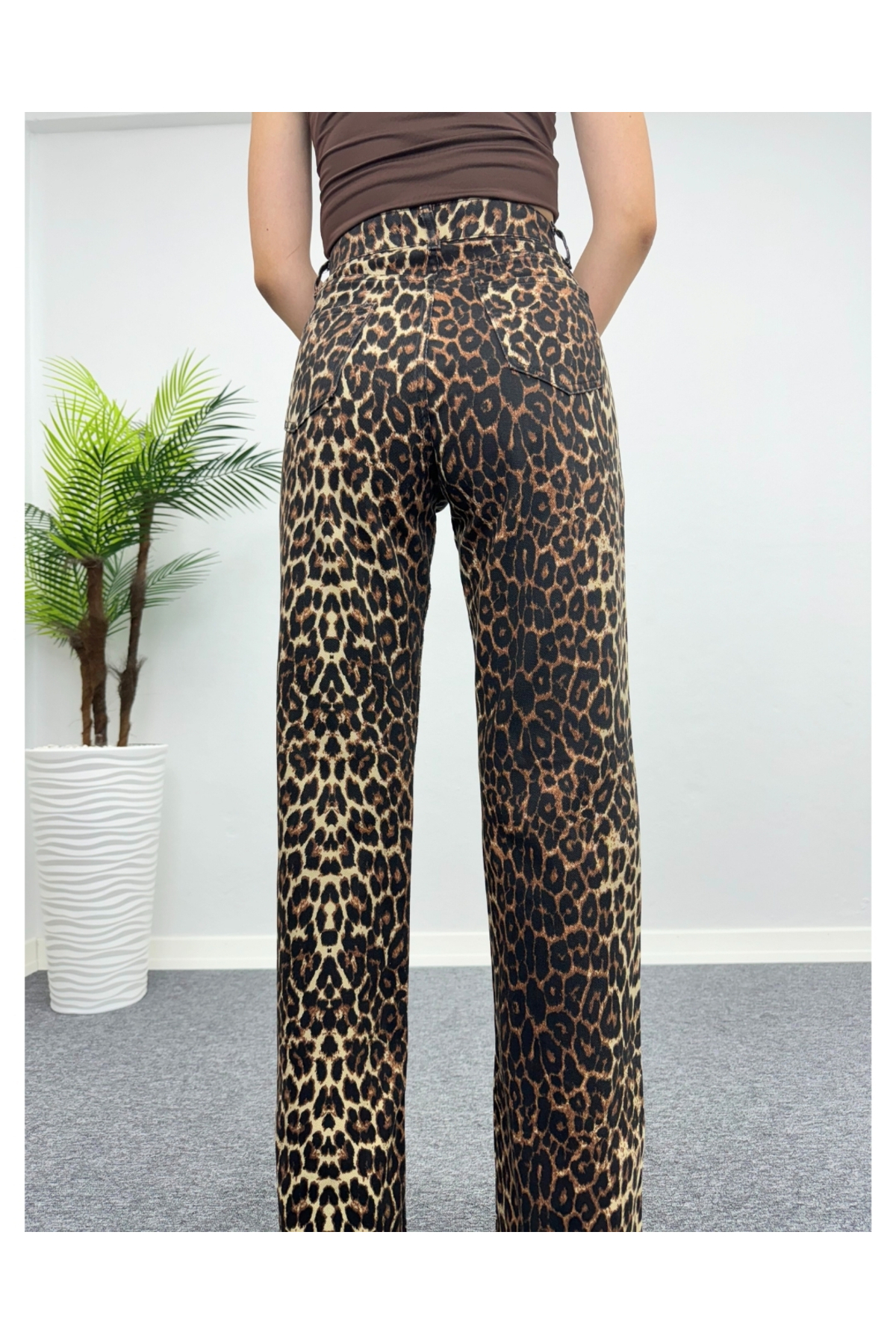Kadın Leopar Desen Wide Leg Palazzo Jean Pantolon