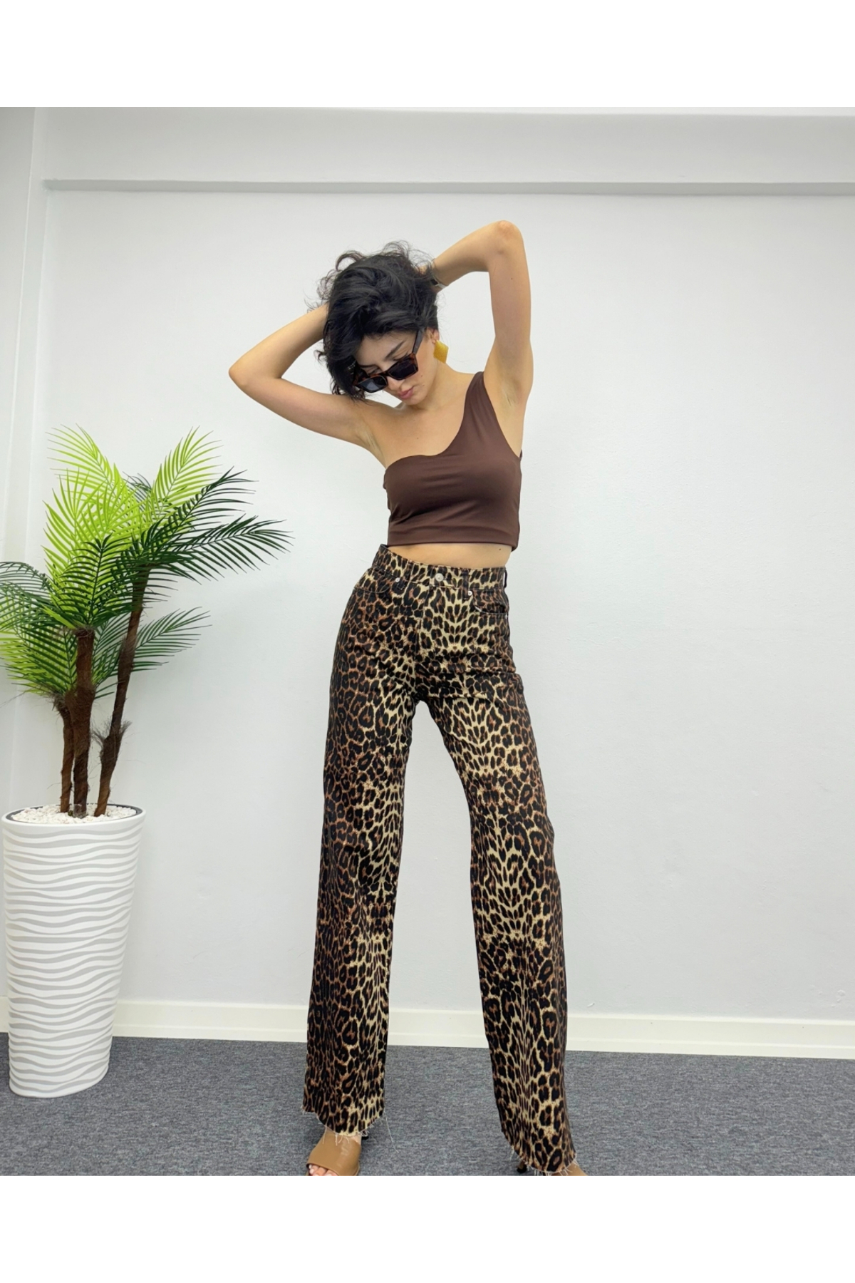 Kadın Leopar Desen Wide Leg Palazzo Jean Pantolon