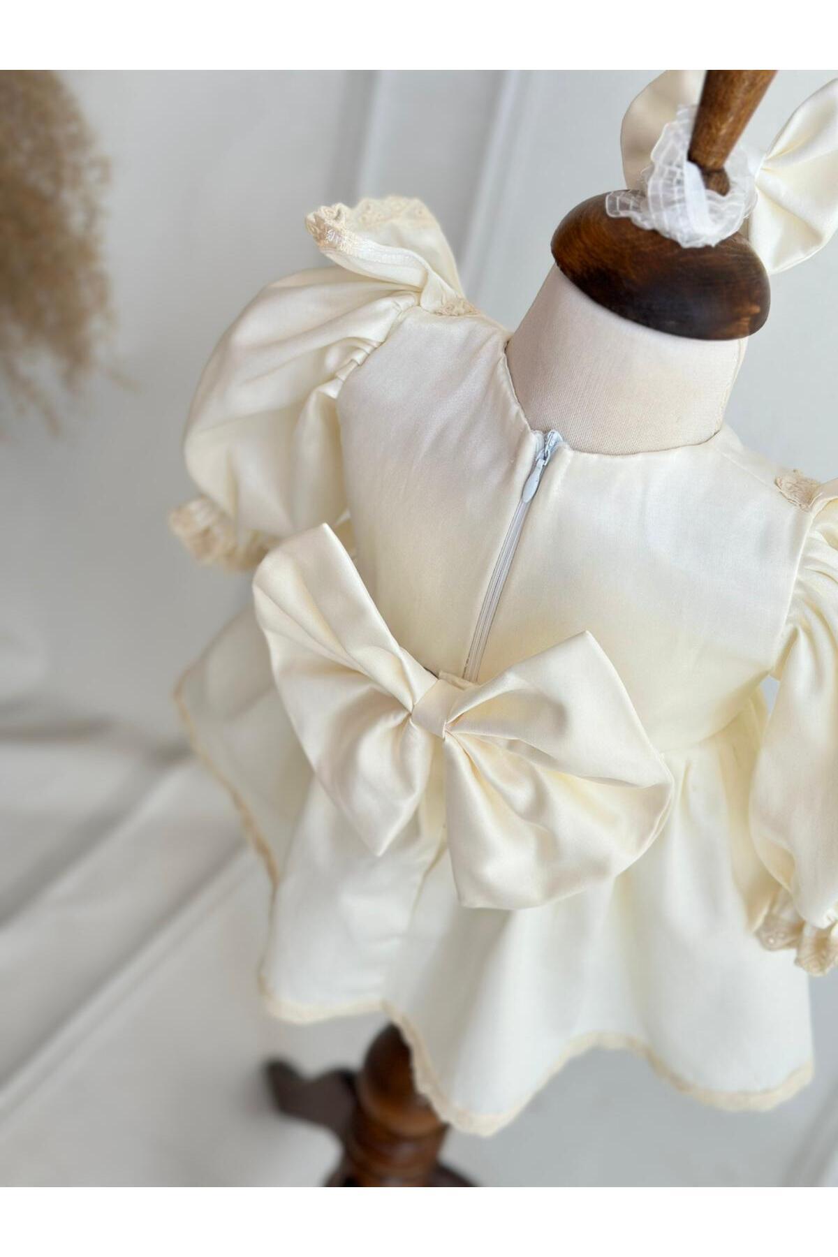Hobidik Kız Bebek Çocuk Pamuk Saten Krem Fistolu Mevlüt Elbise Seti fotoğrafı 7 (önizleme)
