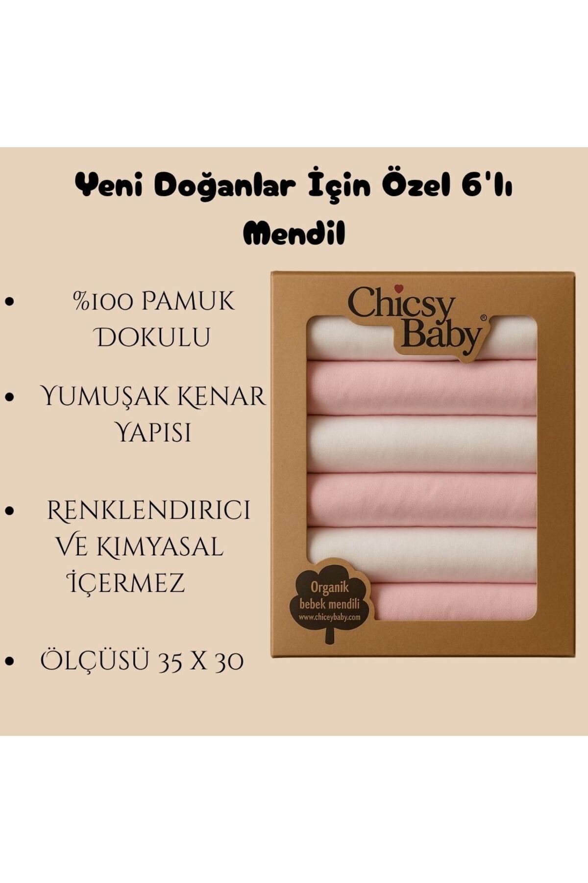 Chicsy Baby Organik Pamuklu Kız Bebek Mendil Seti 6'lı Pembe Tonlarda Yumuşak Yeni Doğan Havlusu 35x30 cm
