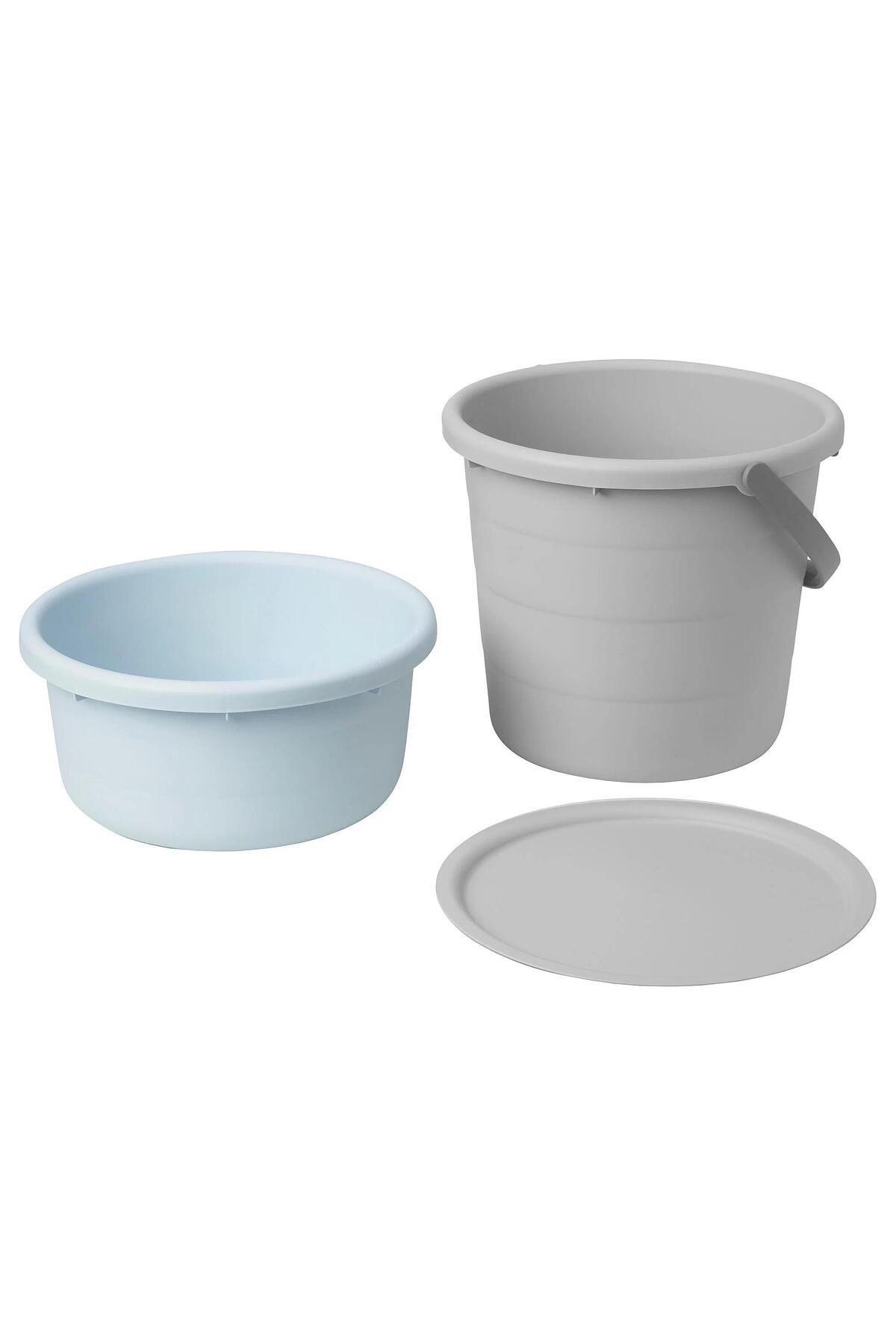 IKEA PEPPRIG 3 Parça Kapaklı Kova Seti Temizlik Kovası Meridyendukkan Gri/Mavi