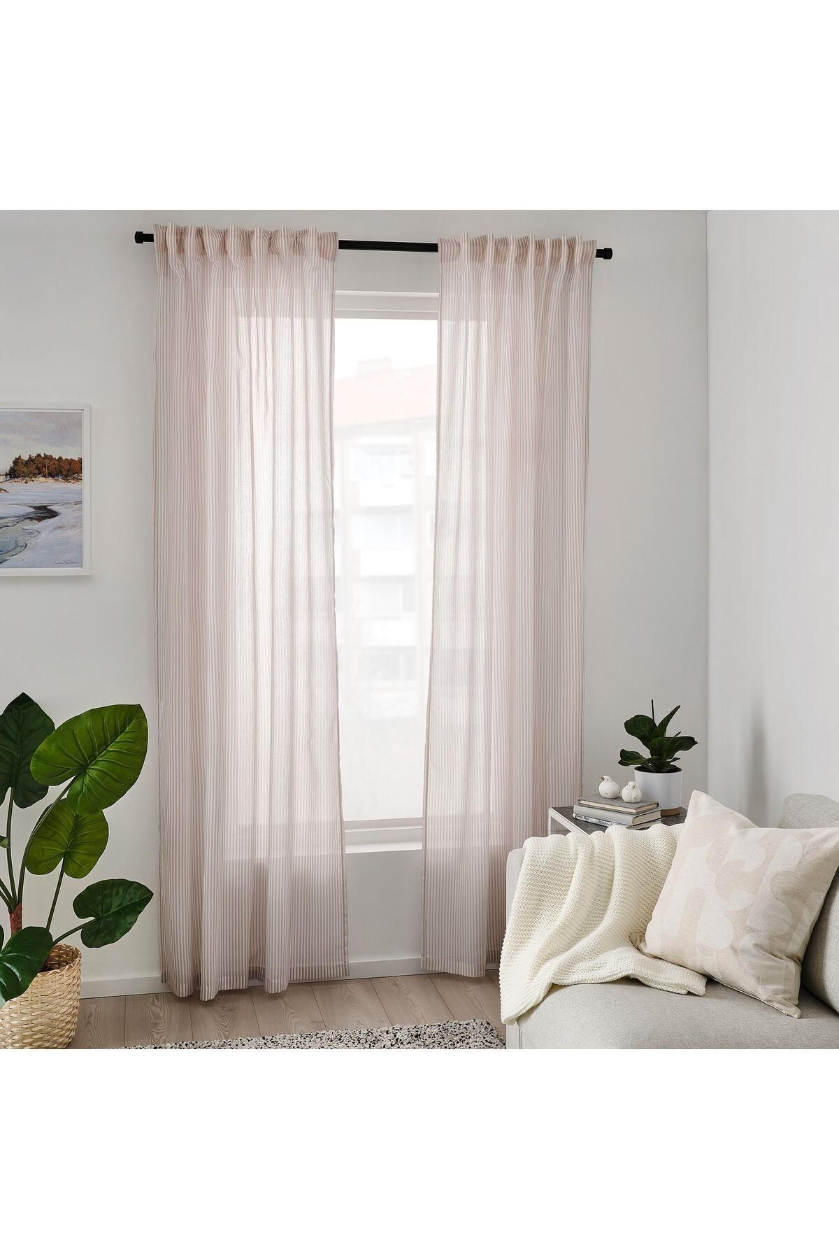 IKEA-Fon Curtain/2 Wings, White-Beige Color-Striped Model 120X300 cm 5