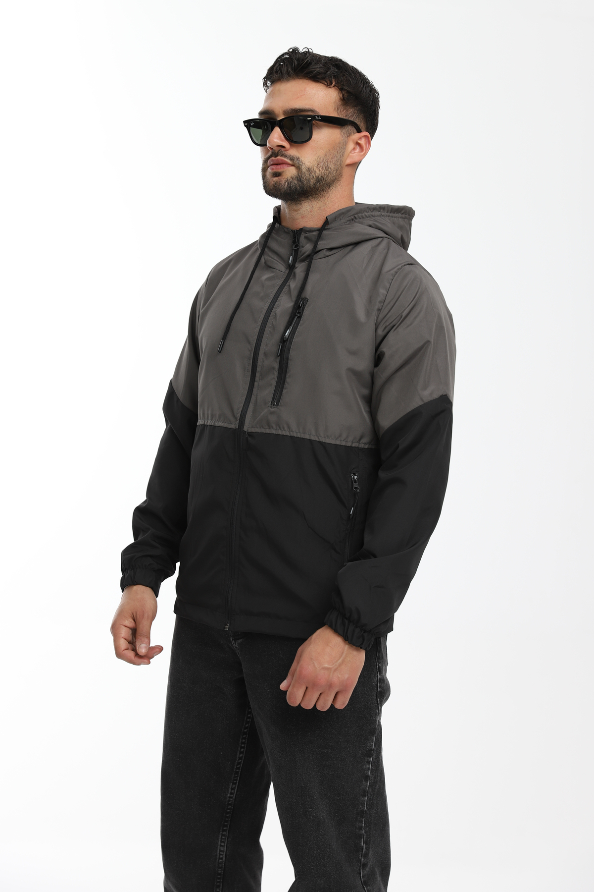 D1fference  Erkek Antrasit -siyah Iki Renk Astarlı Rüzgar Geçirmez Kapüşonlu Mevsimlik Spor Mont - Görsel 4