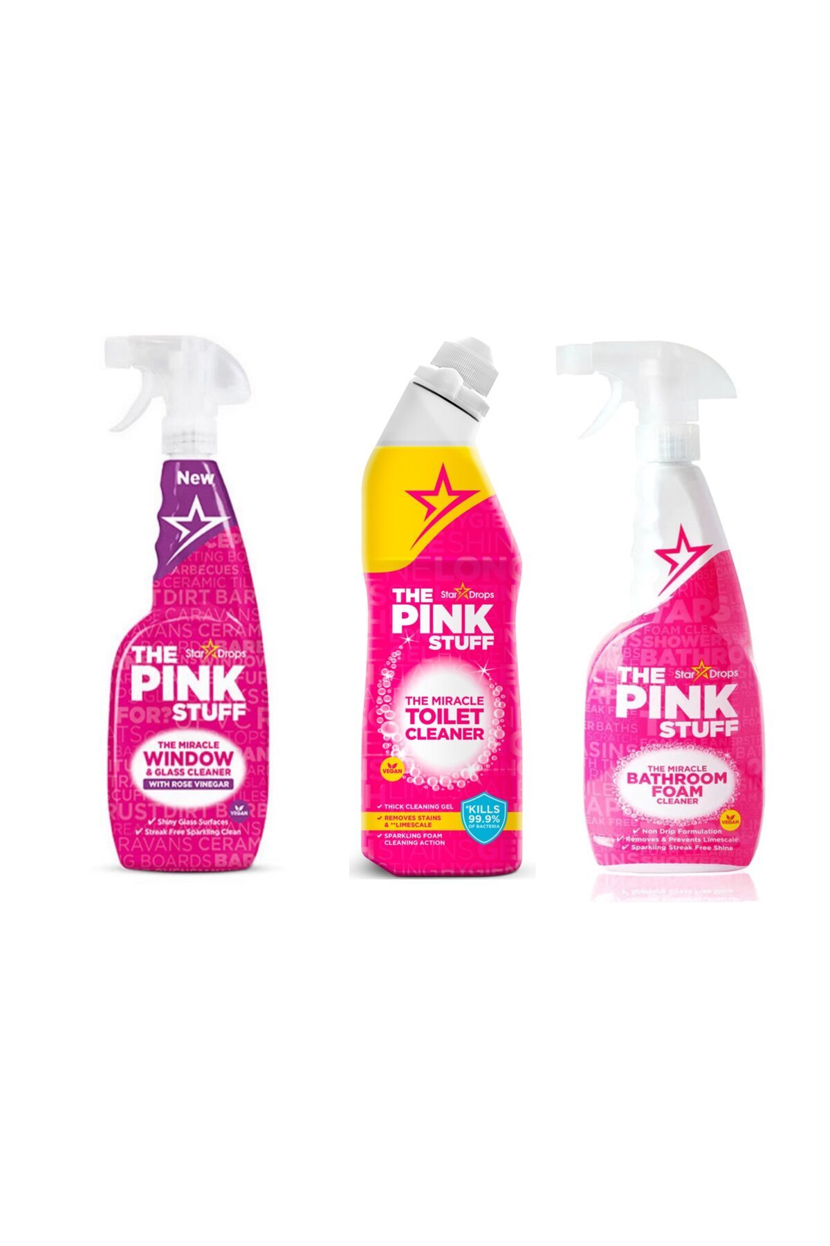 THE PINK STUFF Set de curățare - 1x Soluție de curățare pentru baie, 1x Soluție de curățare pentru geamuri, 1x Soluție de curățare pentru toaletă