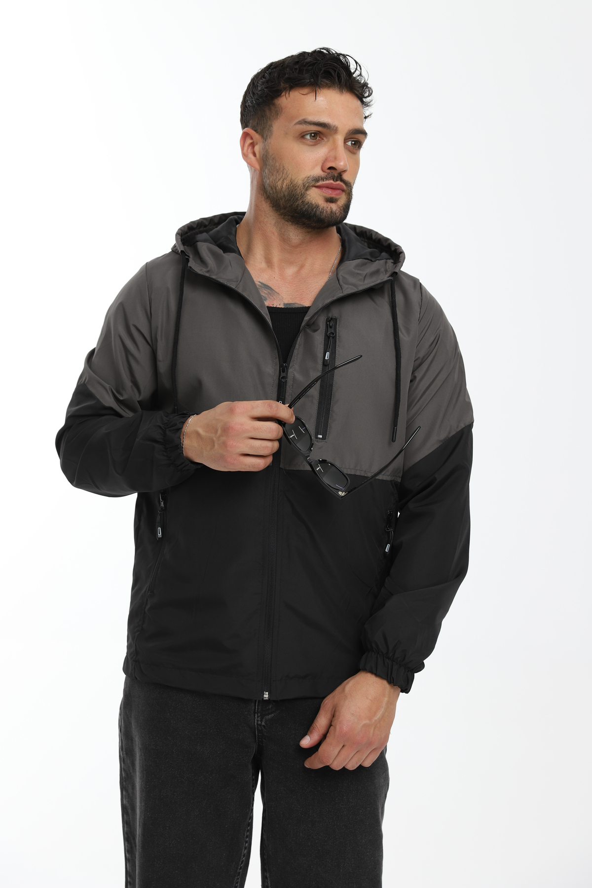 D1fference  Erkek Antrasit -siyah Iki Renk Astarlı Rüzgar Geçirmez Kapüşonlu Mevsimlik Spor Mont - Görsel 3