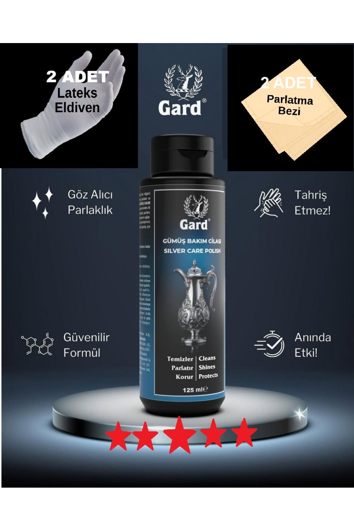 Gard Gümüş Temizleme Ve Parlatıcı Cilası 125ml + 2Adet Eldiven + 2 Adet Parlatma Bezi