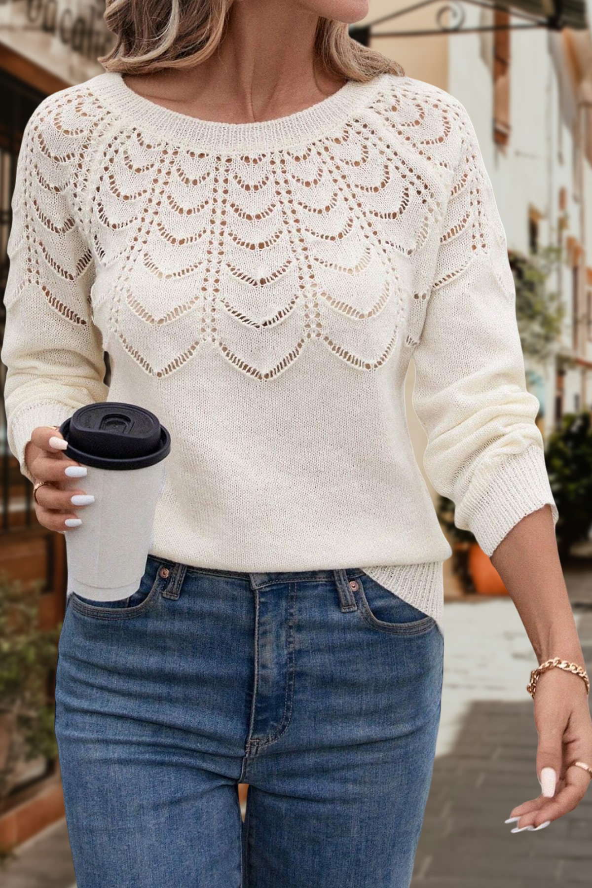 citystyle  Kadın Ajur Desenli Bisiklet Yaka Günlük Uzun Kollu Triko Kazak Beyaz - Görsel 4