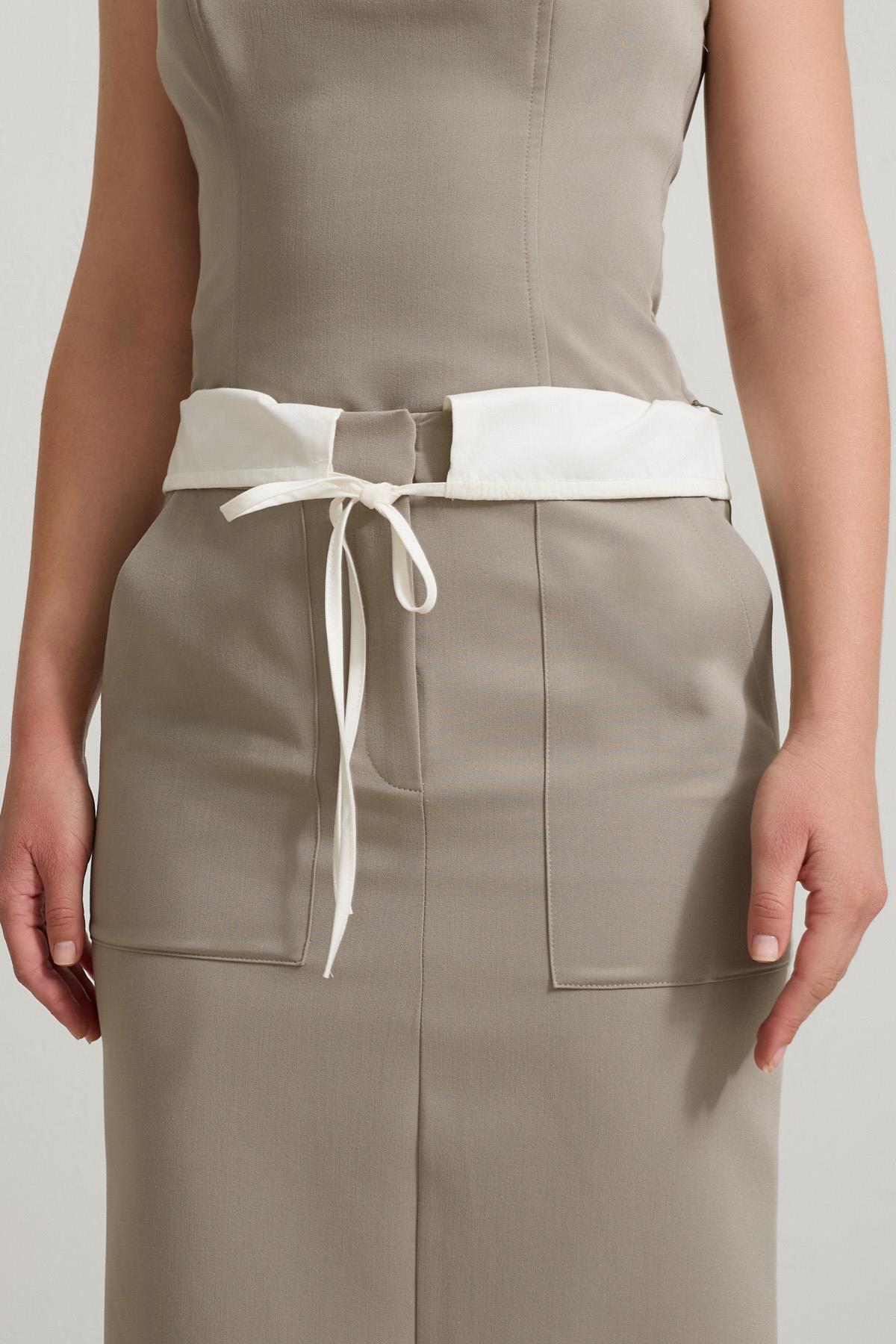 Setre-Olive Midi Length Skirt with Tie and Pocket Detail 4