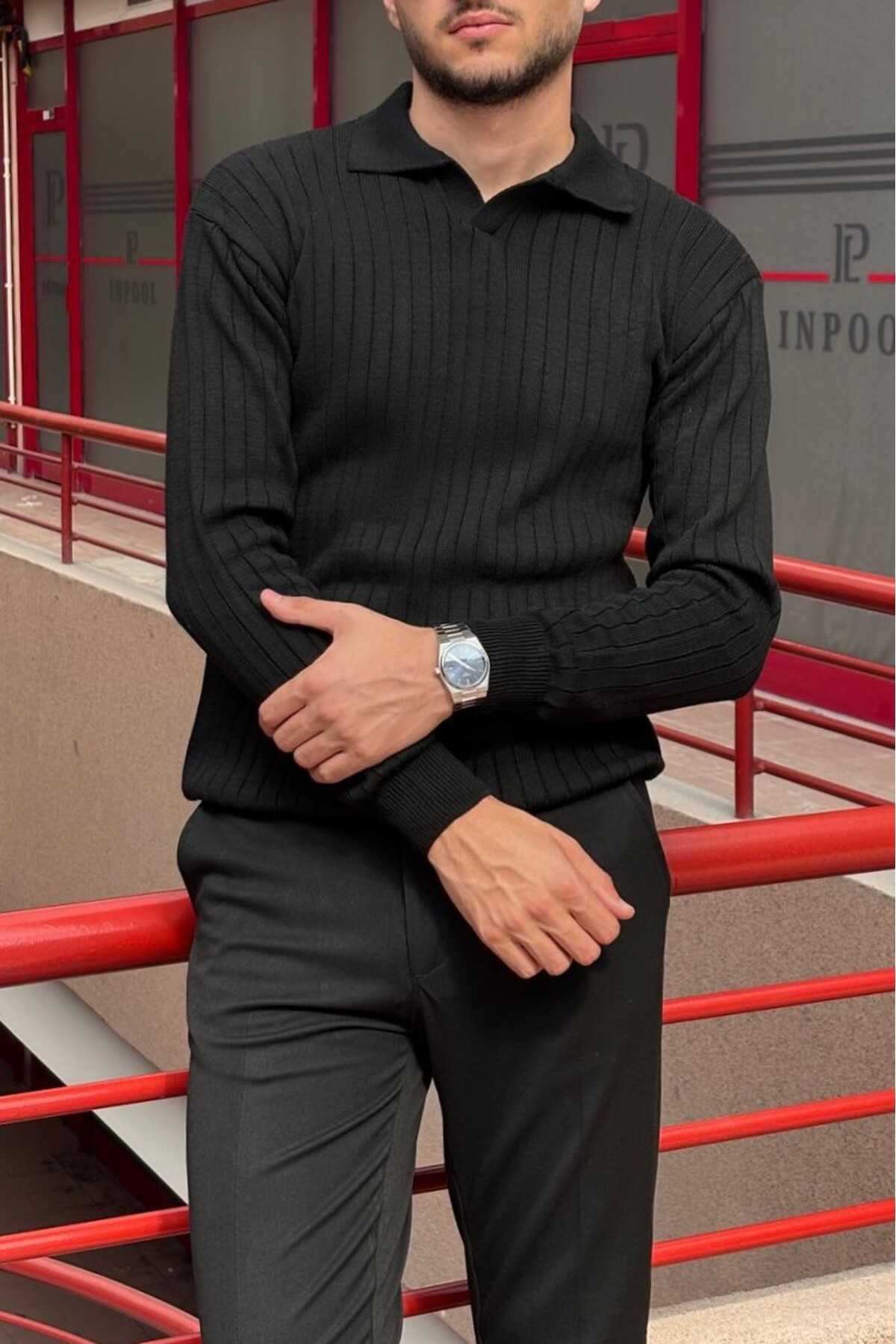 inpool  Erkek, Old Money Culture, Çizgi görünümlü, Polo yaka, triko kazak PLTK09 - Görsel 3