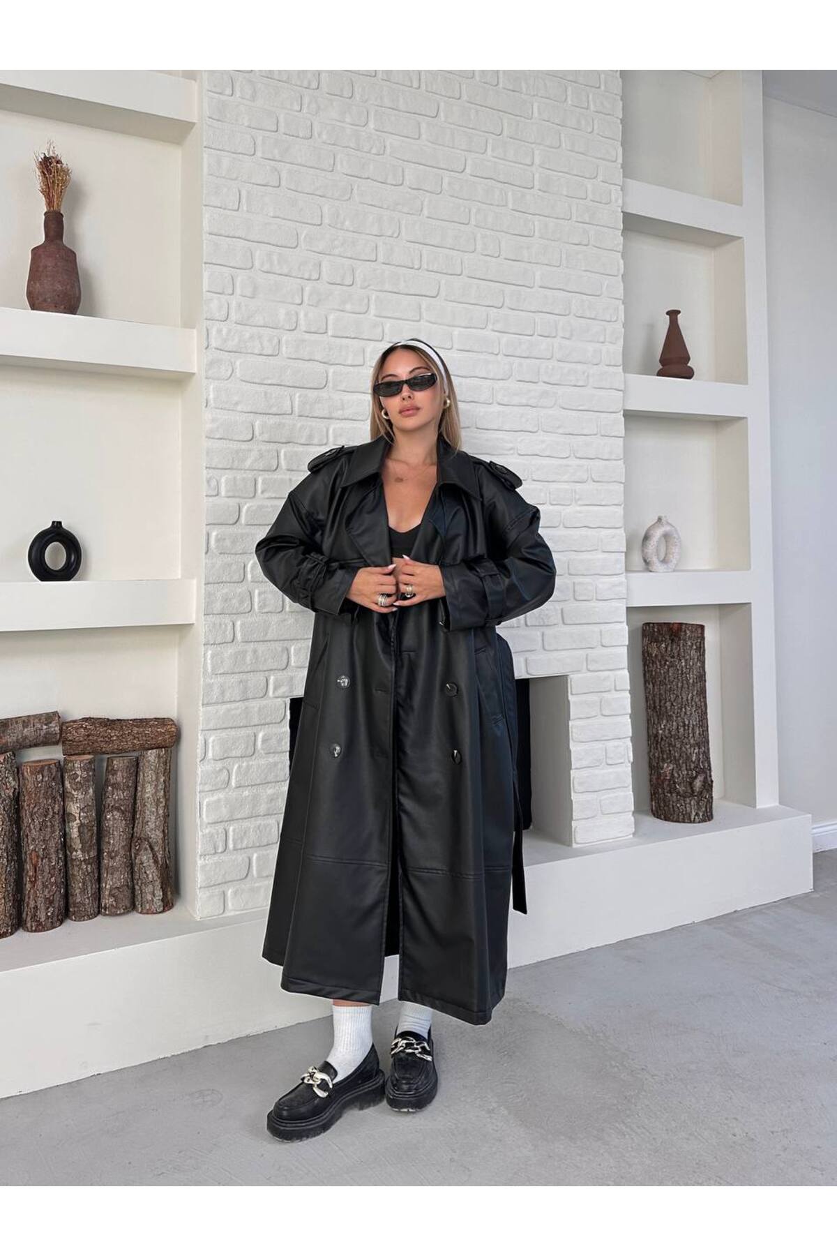Women's Long Leather Coat Black with Belt - Görsel 5