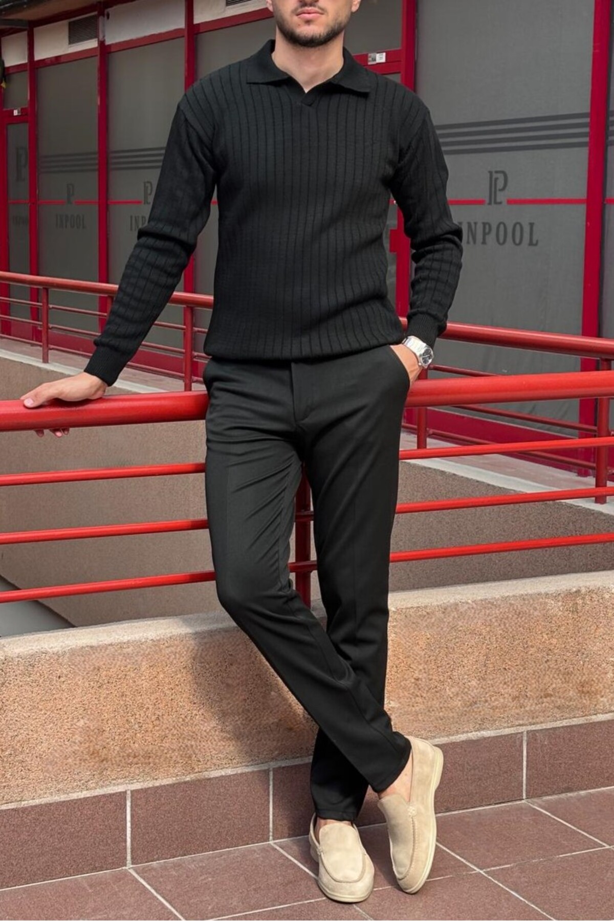 inpool  Erkek, Old Money Culture, Çizgi görünümlü, Polo yaka, triko kazak PLTK09 - Görsel 4