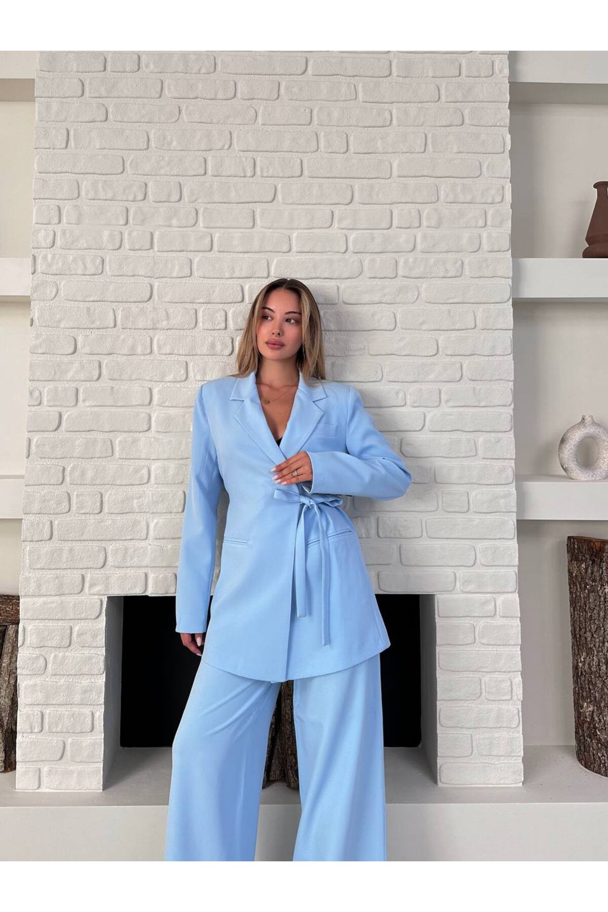 Ensemble Blazer et Pantalon Femme avec Ceinture, Bleu Bébé - Görsel 3
