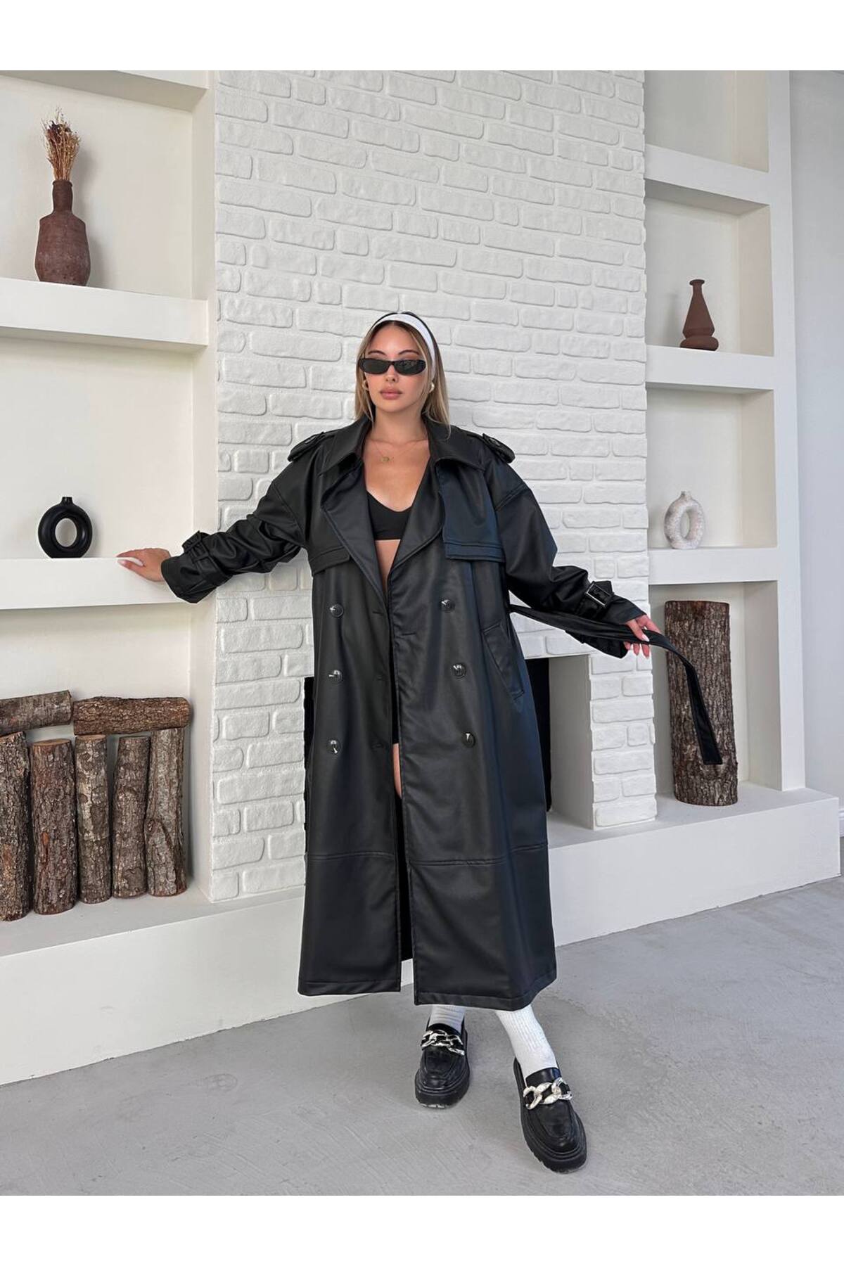 Women's Long Leather Coat Black with Belt - Görsel 3