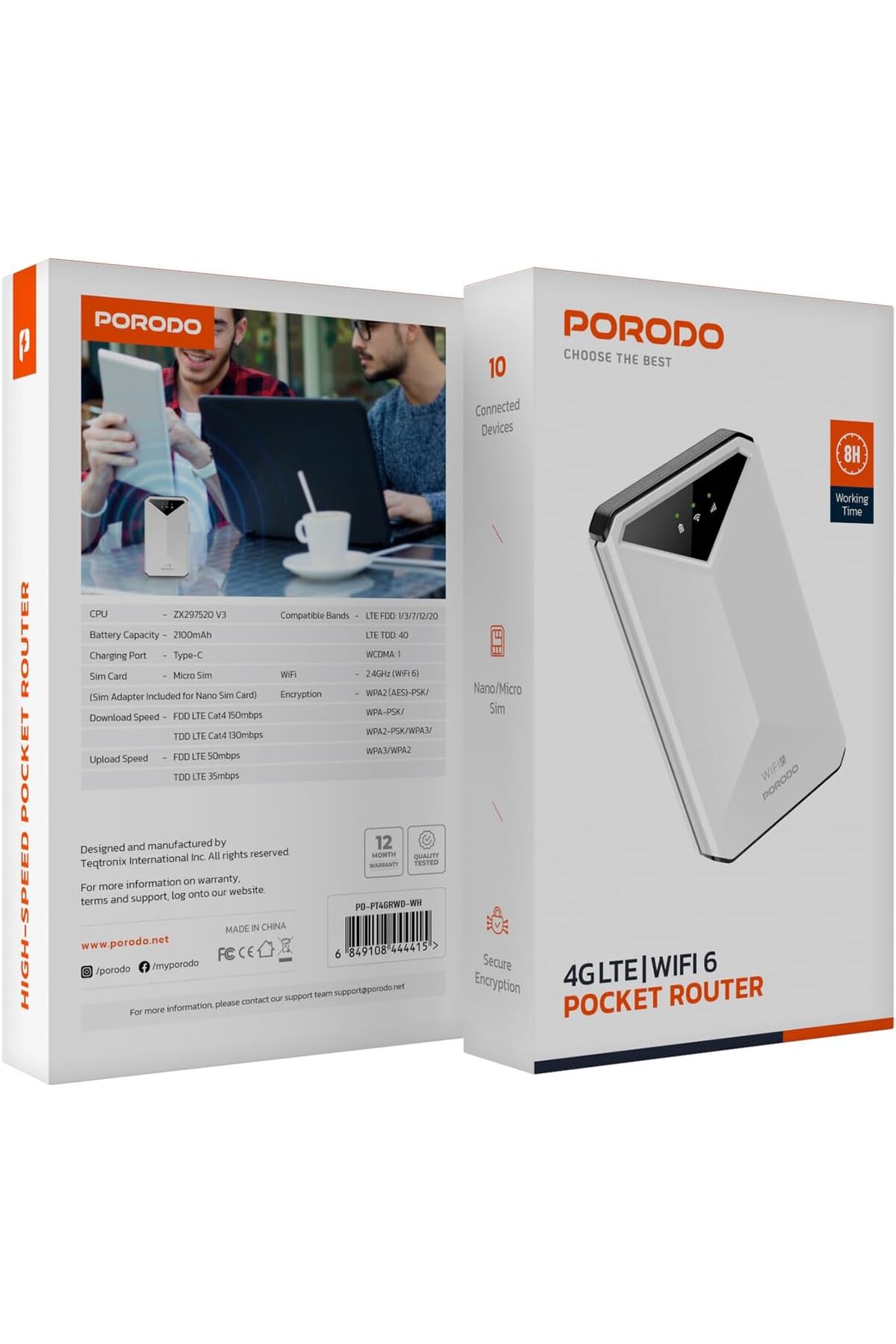 Porodo Portable MiFi 3G/4G Router CAT4 V2 Without Display Download Speed Fdd Lte Cat4 150mbps Tdd Lte Cat4 130mbps Upload Speed Fdd Lte 50mbps Tdd Lte 35mbps White