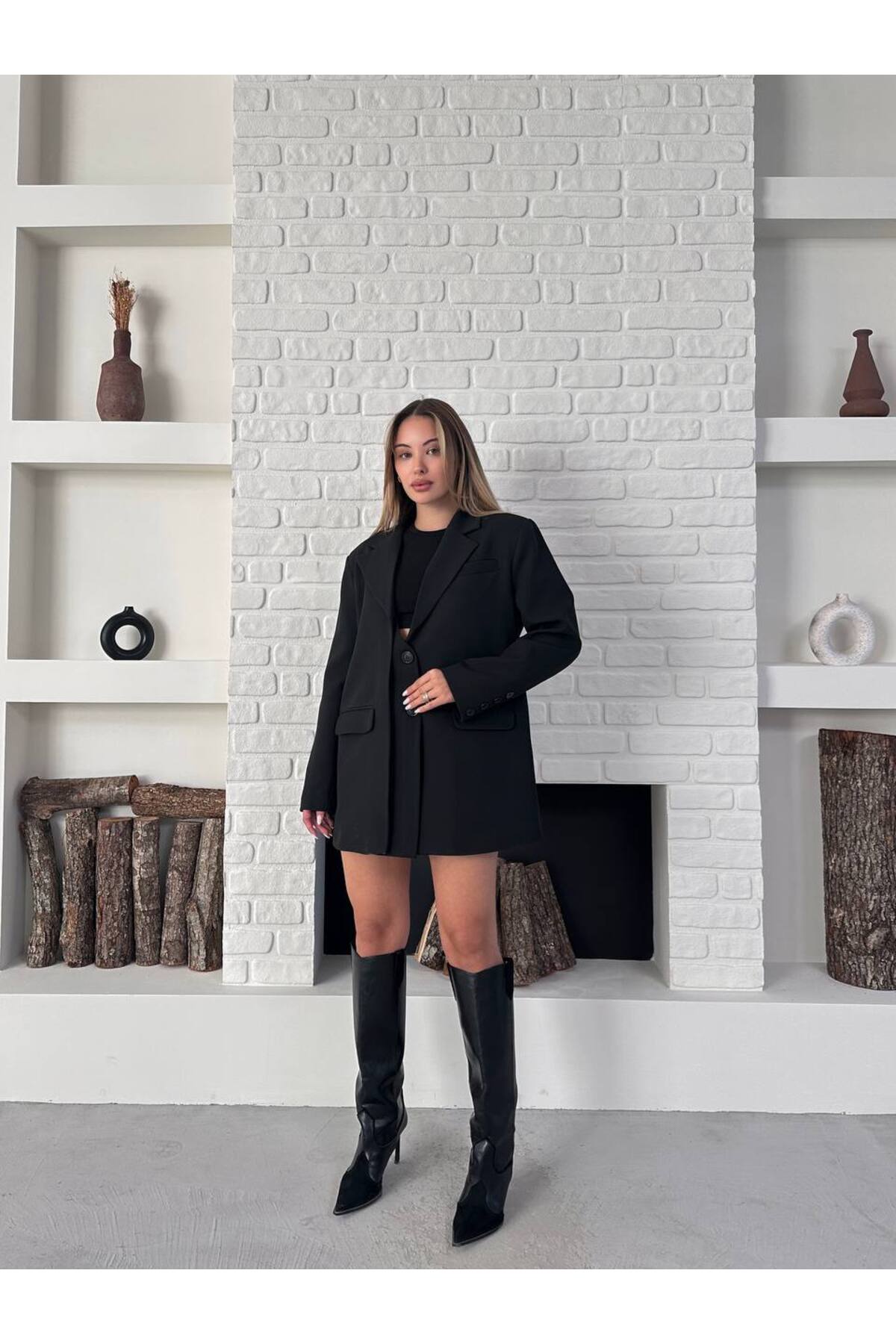 Double-Breasted Blazer Jacket Black Women - Görsel 3
