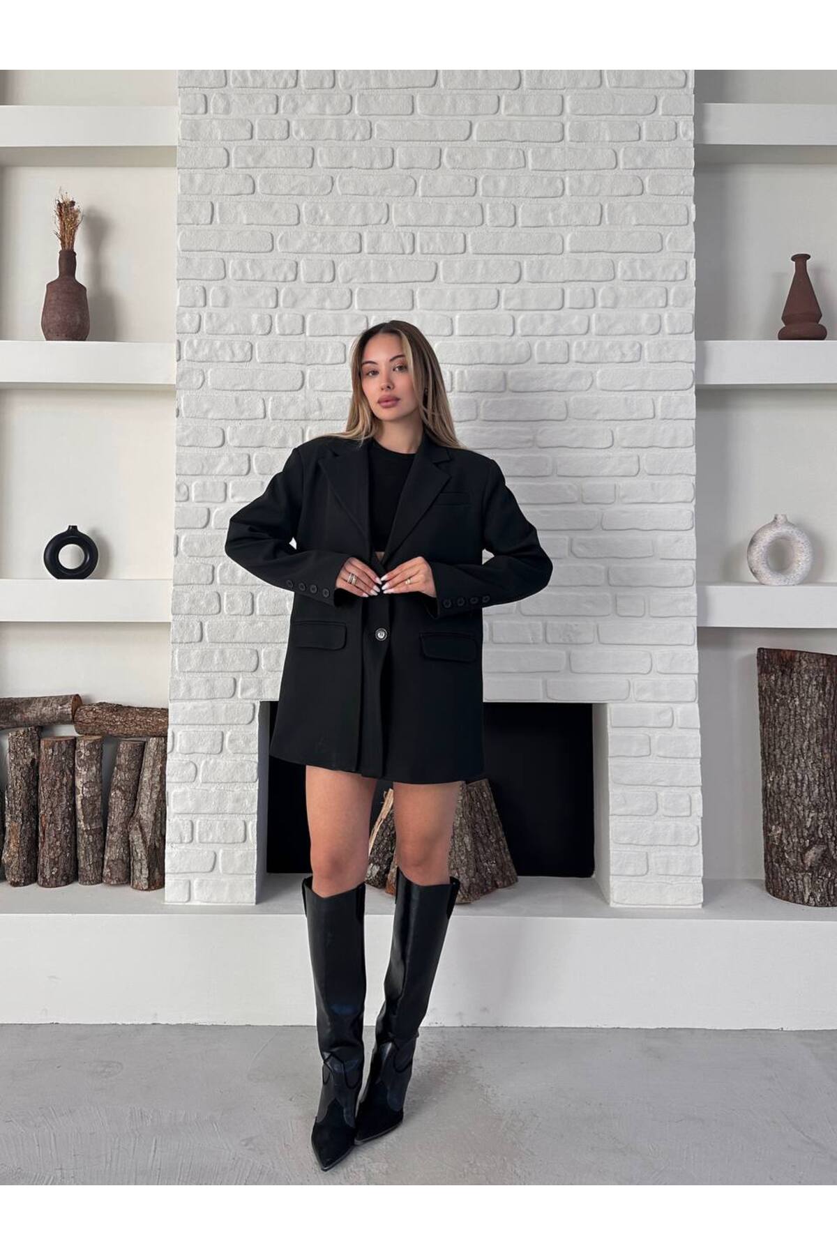 Double-Breasted Blazer Jacket Black Women - Görsel 4